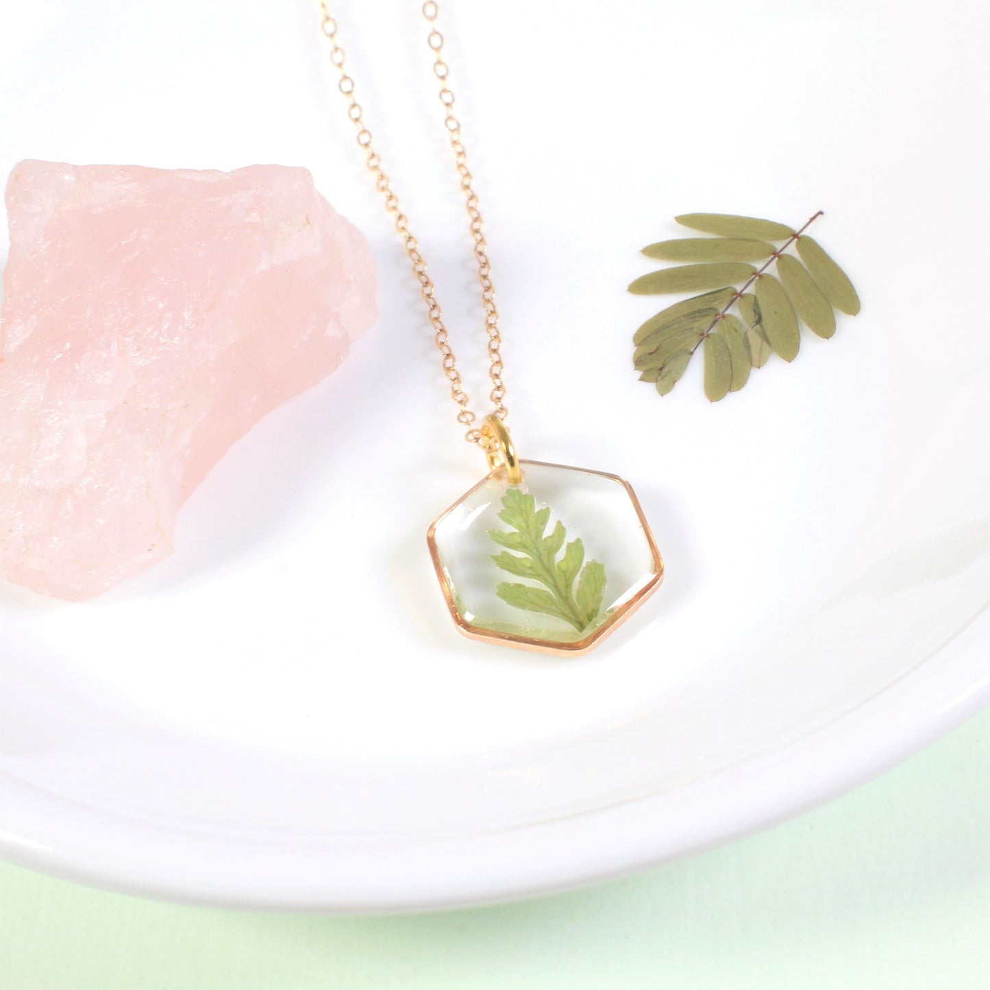 Real Fern Leaf Necklace, Small Hexagon Resin Jewelry, Pressed Flower Necklace, Handmade Fall Jewelry, Plant Lover Gift Dainty Nature Pendant