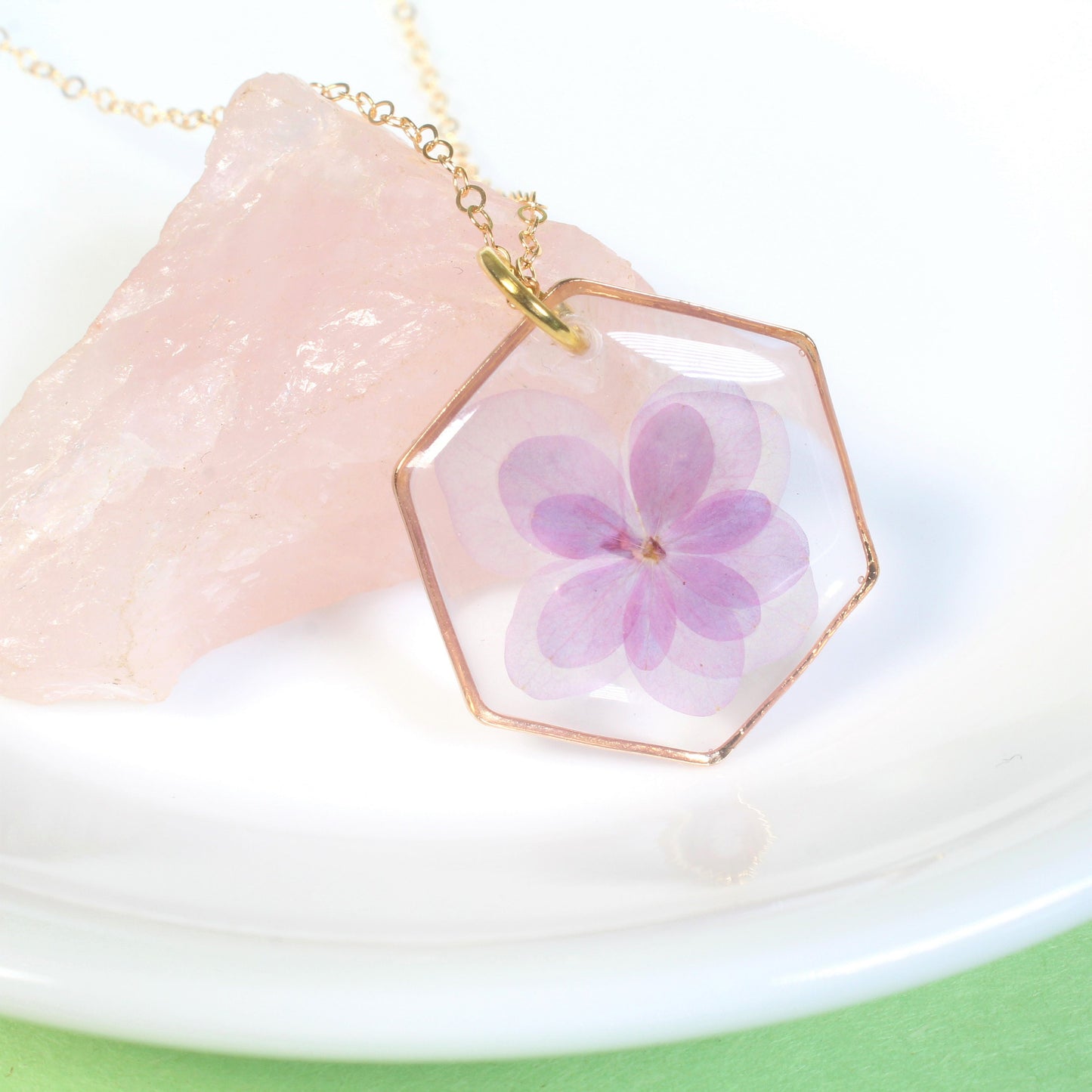 Hydrangea necklace, real pressed flower pendant, purple, blue, gold, silver, handmade resin dried flower jewelry, hexagon, botanical, nature