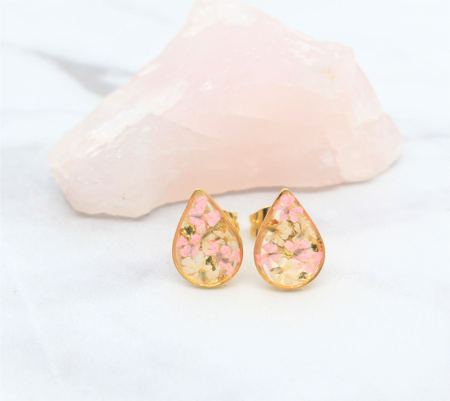 Pressed Flower Studs, Blush Pink, White, Gold Leaf Detail, Real Dry Flower Jewelry, Pressed Flower Post Earrings, Pressed Flower Jewelry