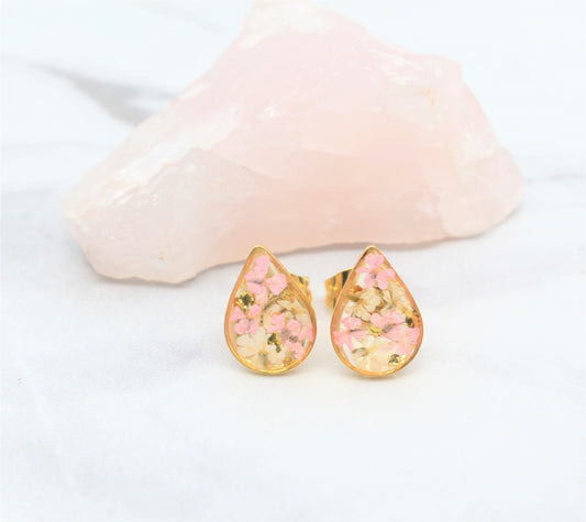 Pressed Flower Studs, Blush Pink, White, Gold Leaf Detail, Real Dry Flower Jewelry, Pressed Flower Post Earrings, Pressed Flower Jewelry