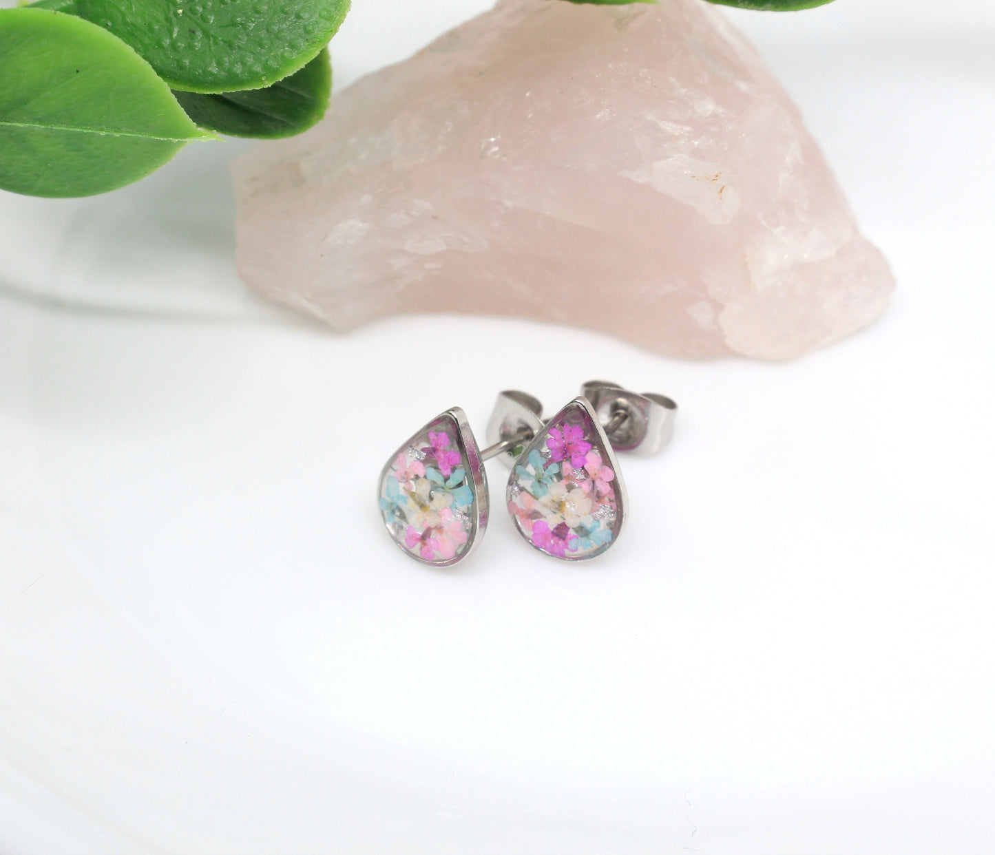 Real Pressed Flowers Silver Teardrop Post Earrings in Pastel Pink Blush and Baby Blue, with Silver Flecks