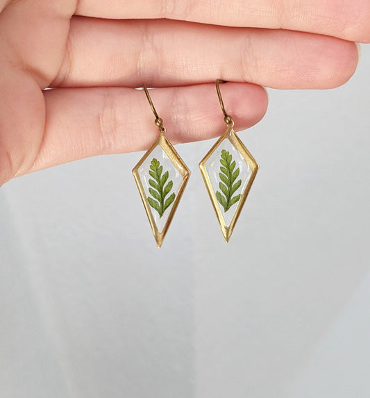 Fern earrings, little leaf jewelry, green plants, resin earrings, dainty, pressed flower earrings, handmade, small dangles, nature, forest