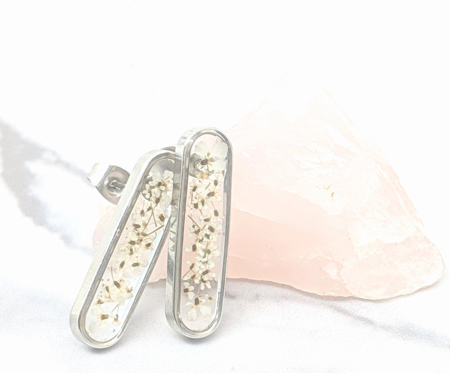 Real Pressed Flower Earrings - Oval Silver Bar Posts with White Wildflowers - Pressed Flower Jewelry