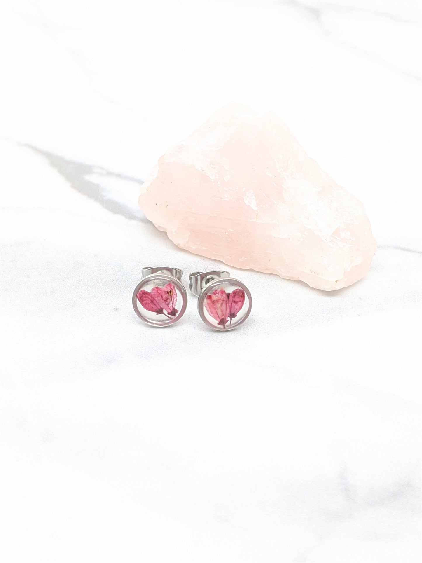 Tiny Real Pressed Flower Earrings, Silver Circle Studs with Dark Rose Pink Flowers, Minimalist, Small wildflower earrings, titanium posts