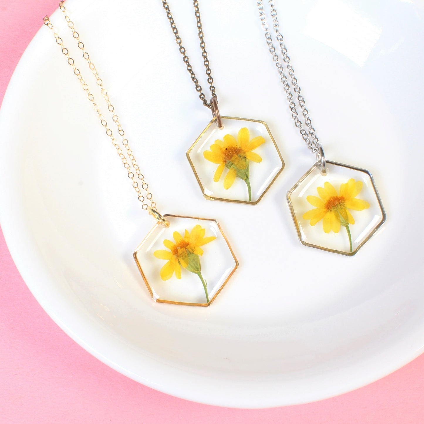 Yellow pressed flower necklace, resin daisy pendant, real dried wildflower jewelry, hexagon, handmade, daffodil, March birth flower jewelry