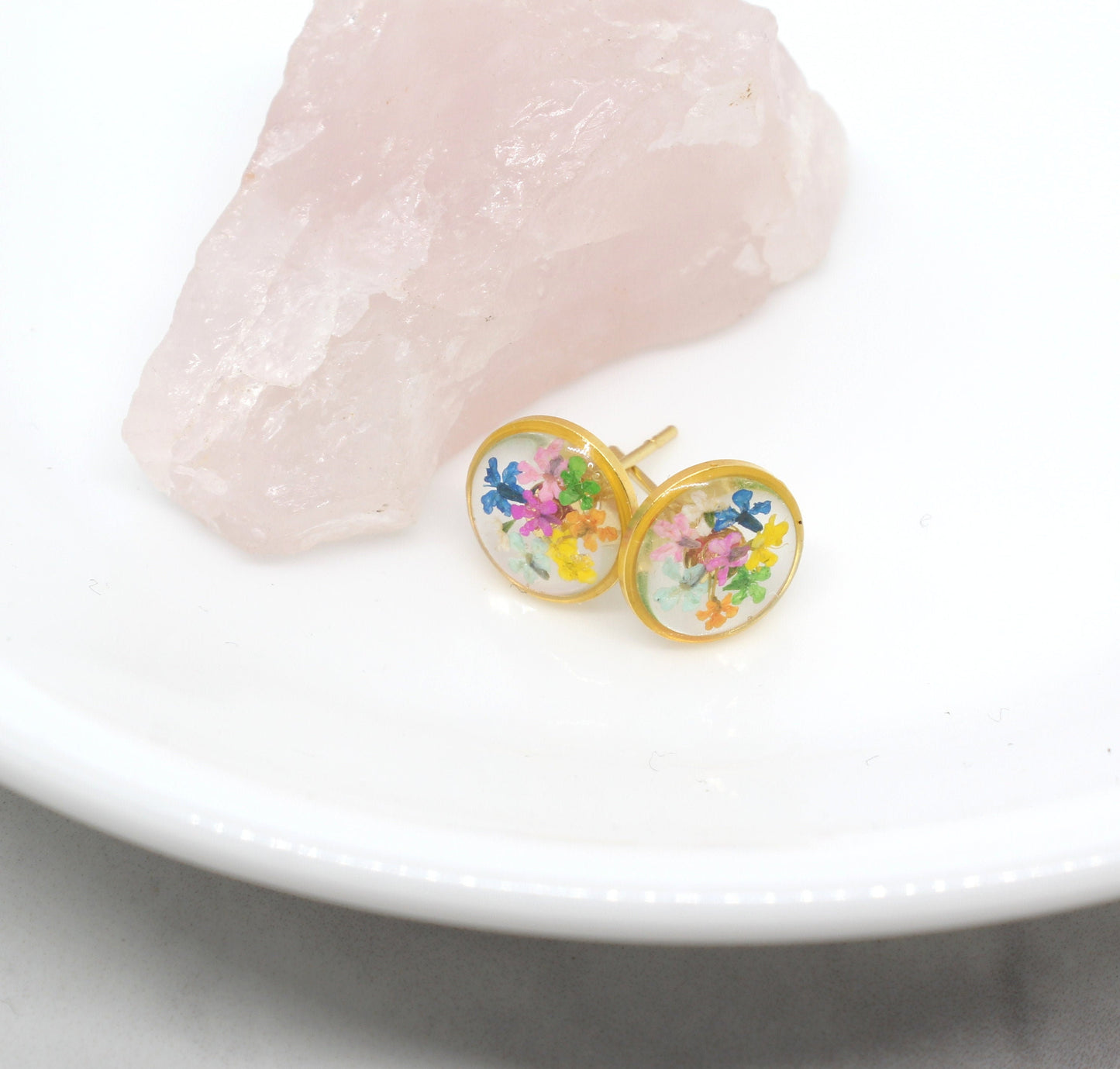 Gold rainbow earrings, pressed flower resin jewelry, colorful circle studs, hypoallergenic titanium, handmade post earrings, dried flowers