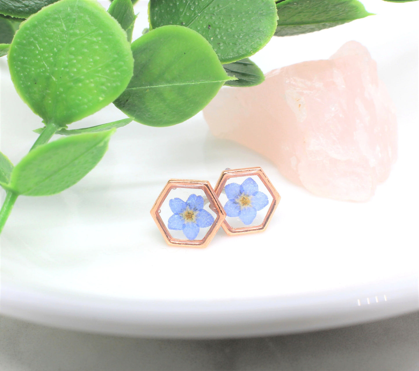 Pressed Flower Earrings, Rose Gold, Blue Forget-me-not Studs, Real Dried Flower Posts, Pressed Flower Jewelry, Botanical Forgetmenot Jewelry