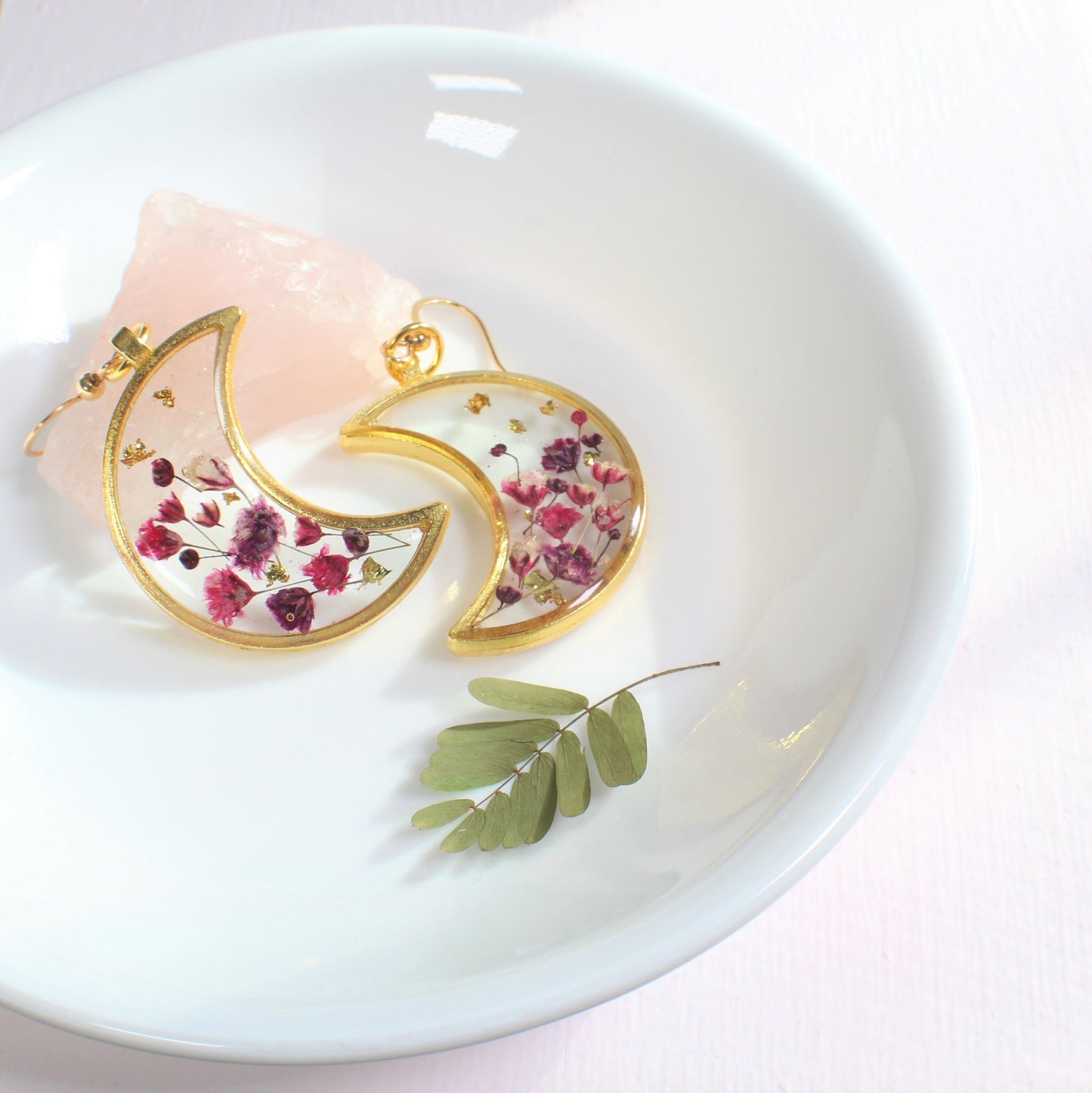 Pressed Flower Earrings, Resin Moon Dangles, Real Dried Flowers, Handmade, Silver, Rose Gold, Bronze, Gold, Botanical, Baby's breath, Nature