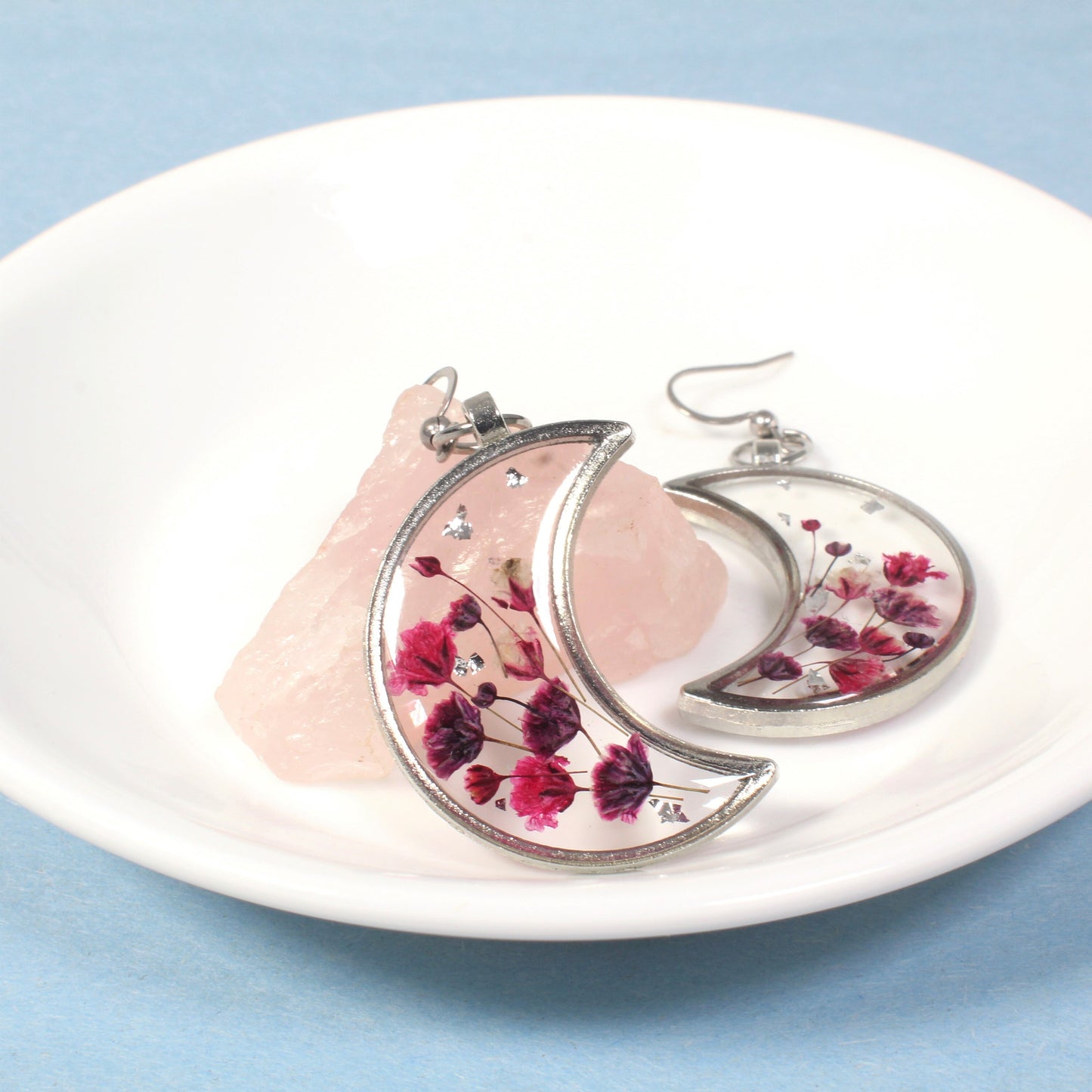 Pressed Flower Earrings, Resin Moon Dangles, Real Dried Flowers, Handmade, Silver, Rose Gold, Bronze, Gold, Botanical, Baby's breath, Nature