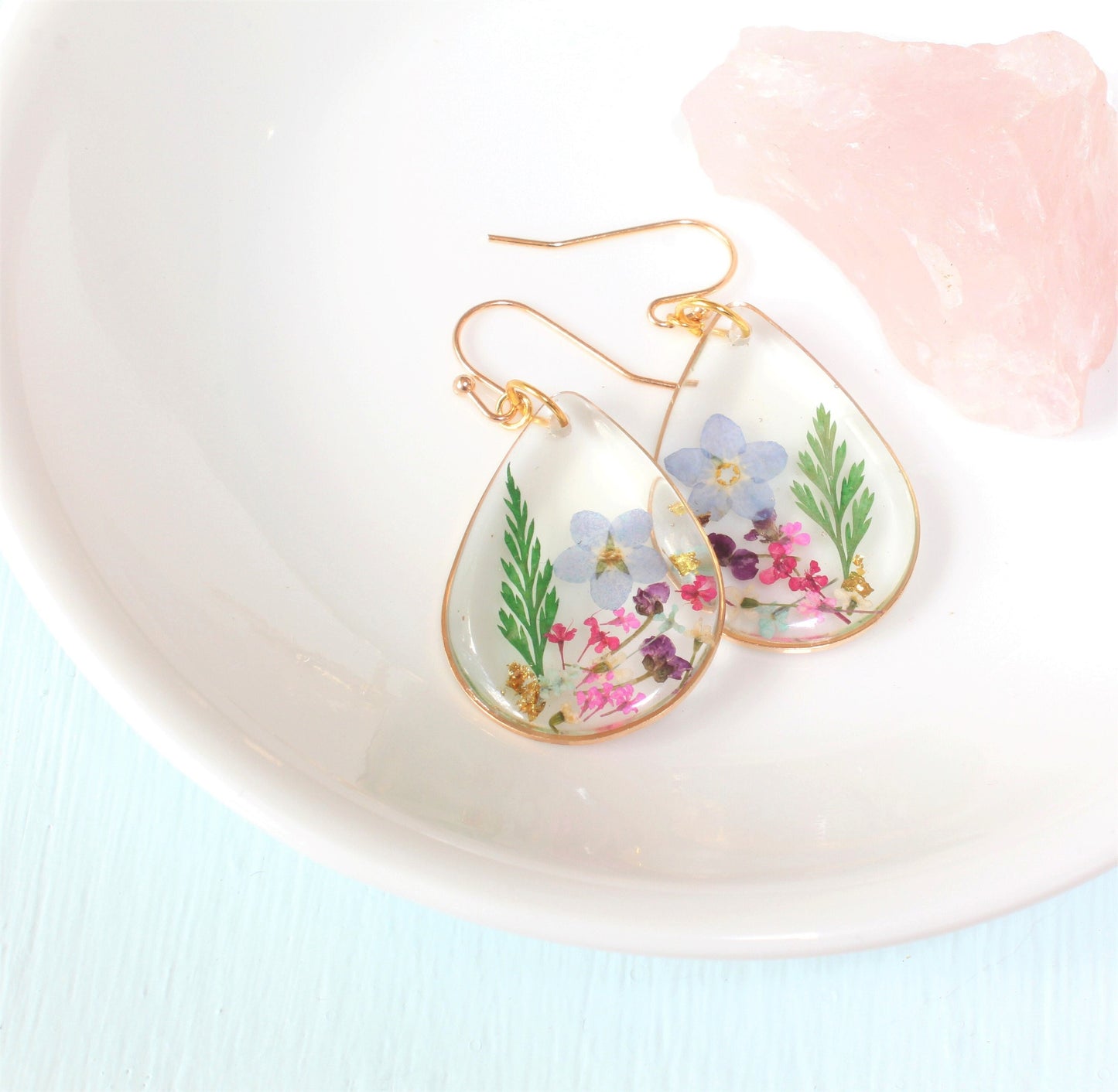 Pressed Flower Earrings, Large Teardrop Dangles, Dried Flower Jewelry, Resin Plant Earrings, Forget-me-not Earrings, Real Flower Jewelry
