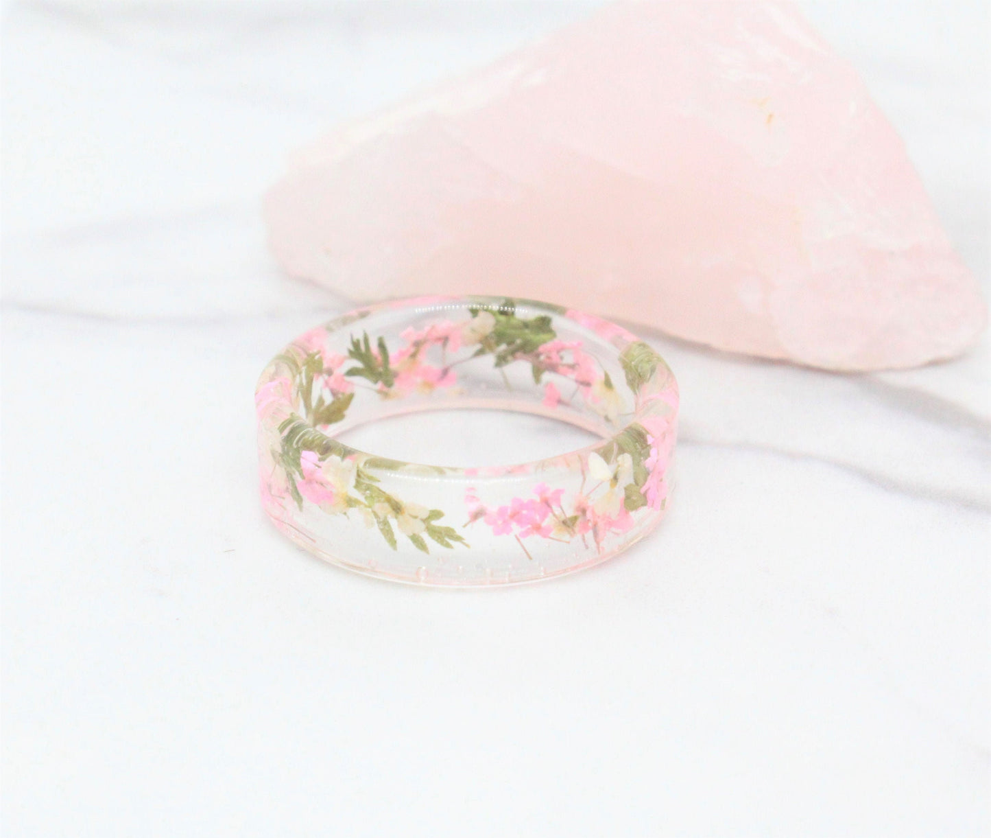 Real Pressed Flower Ring,  Blush, White, and Leaves Clear Resin Band, Pressed Flower Jewelry, Dry Flower Ring, Real Flower Ring, Pink Ring
