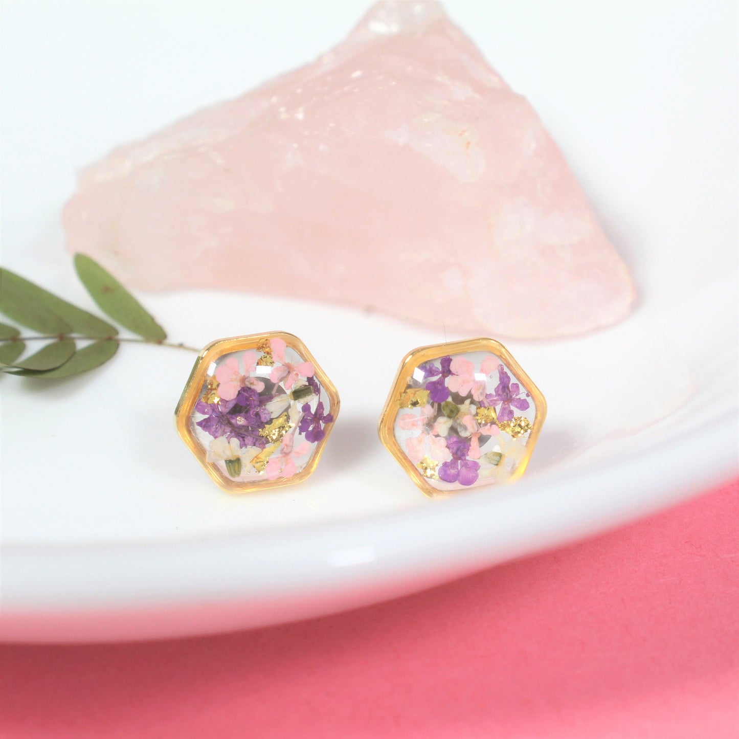 Hexagon Pressed Flower Resin Stud Earrings with Gold Leaf