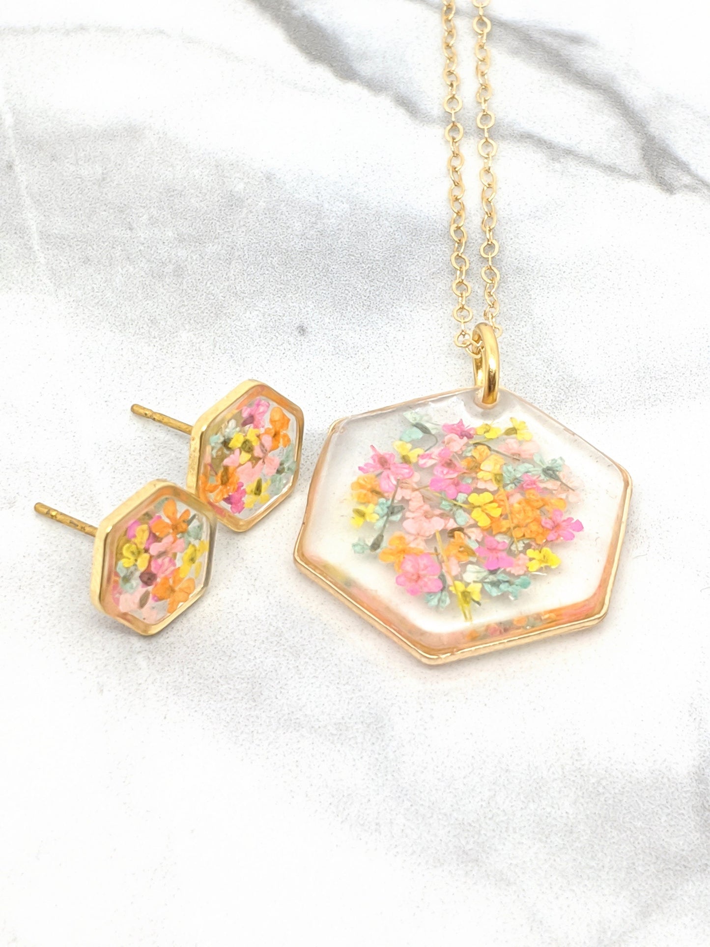 Real Pressed Flower 24K Gold Plated Hexagon Stud Earrings, Pastel Cotton Candy Colors, Dry Flower Jewelry, Titanium posts, Botanical