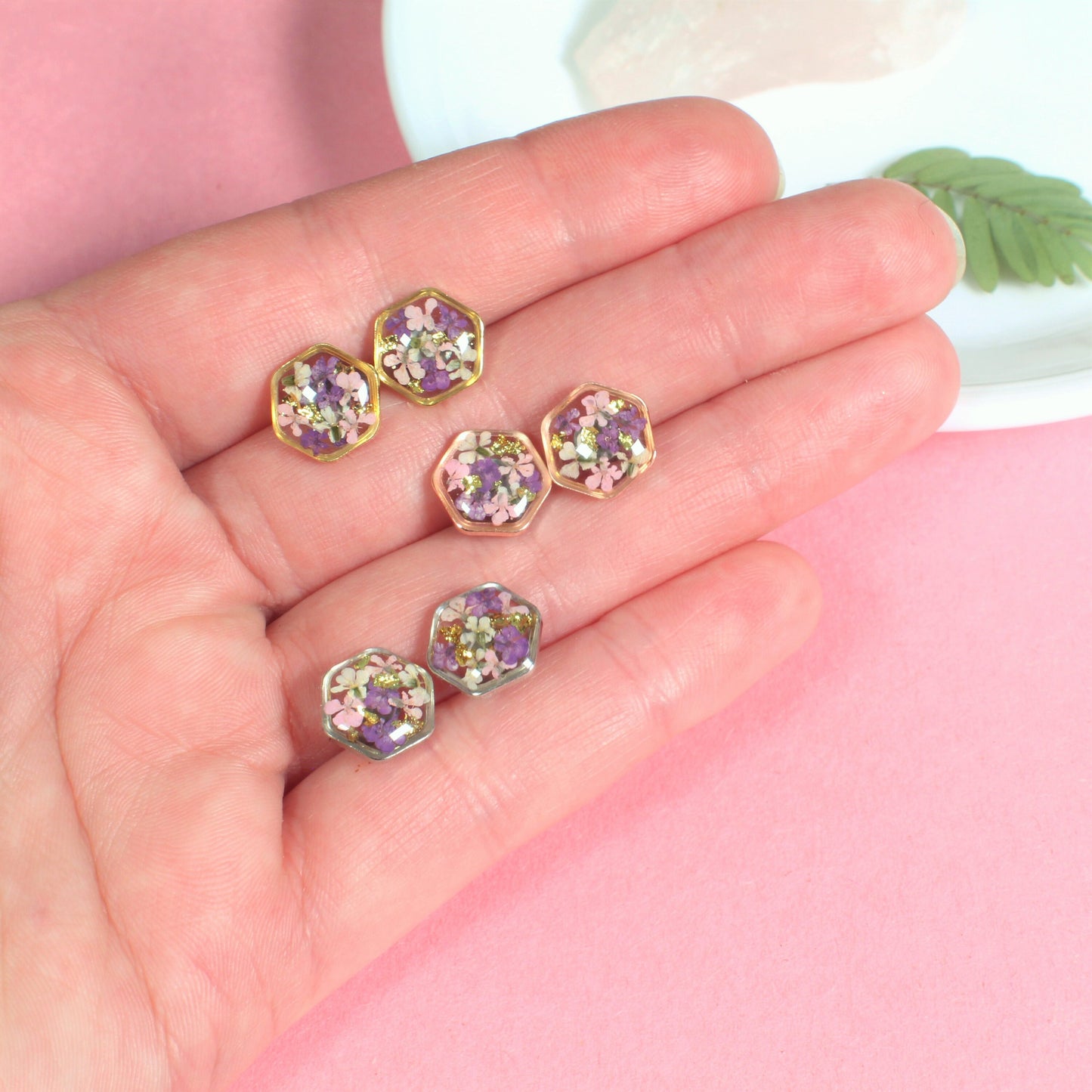 Hexagon Pressed Flower Resin Stud Earrings with Gold Leaf