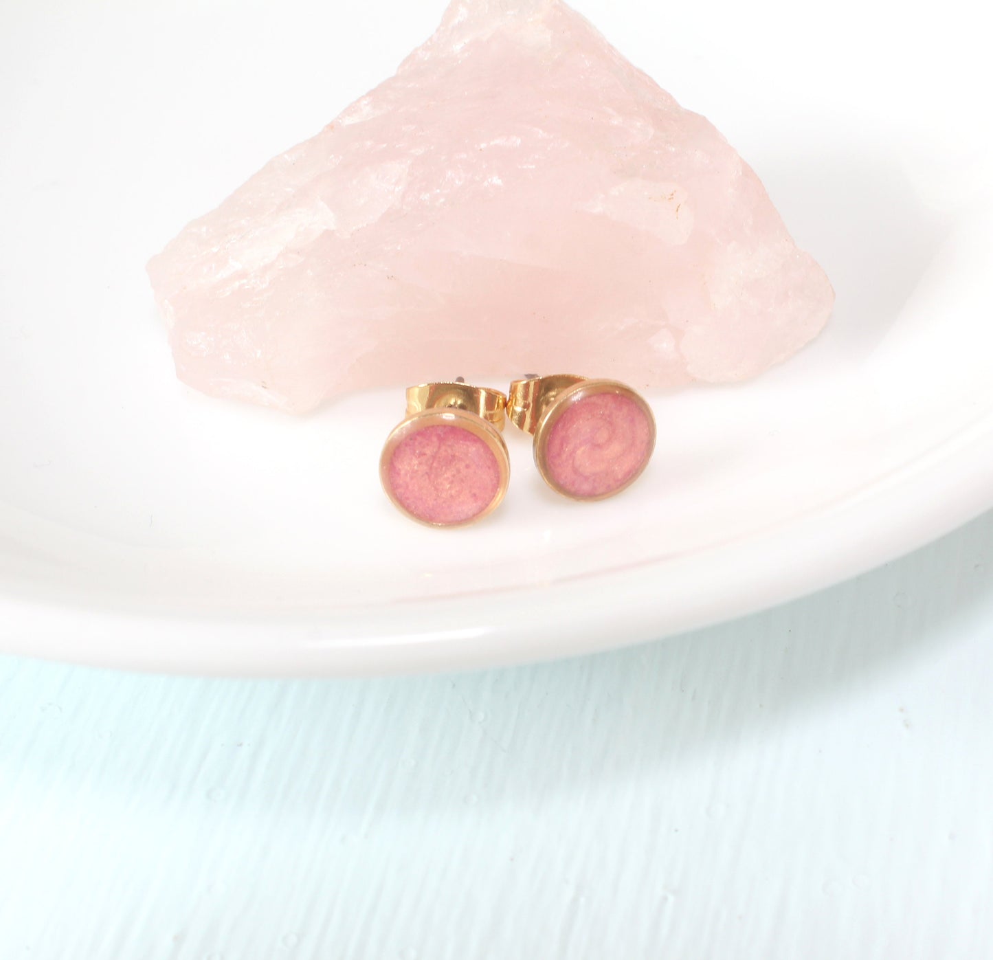 Small Modern Minimalist Blush Studs | Resin Earrings | Hypoallergenic Titanium | Geometric | Gold Circles, Peachy Blush | Layering Accent