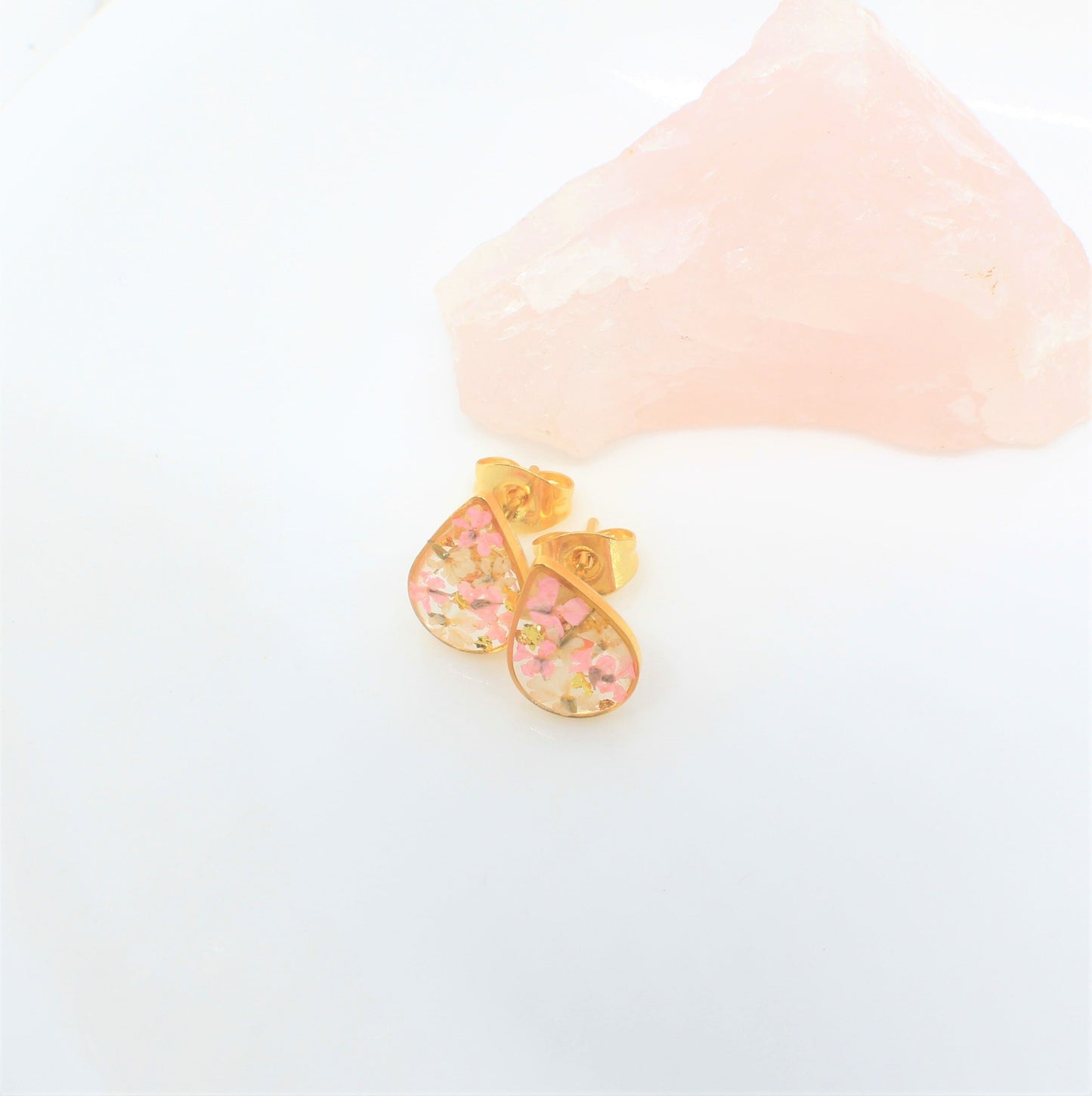 Pressed Flower Studs, Blush Pink, White, Gold Leaf Detail, Real Dry Flower Jewelry, Pressed Flower Post Earrings, Pressed Flower Jewelry