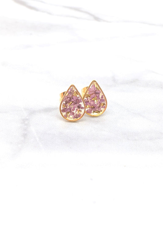 Pressed Flower Earrings, Dusty Purple, Gold Teardrop Studs, Lavender, Mauve, Lilac Posts, Pressed Flower Jewelry, Real Dried Flower Earrings