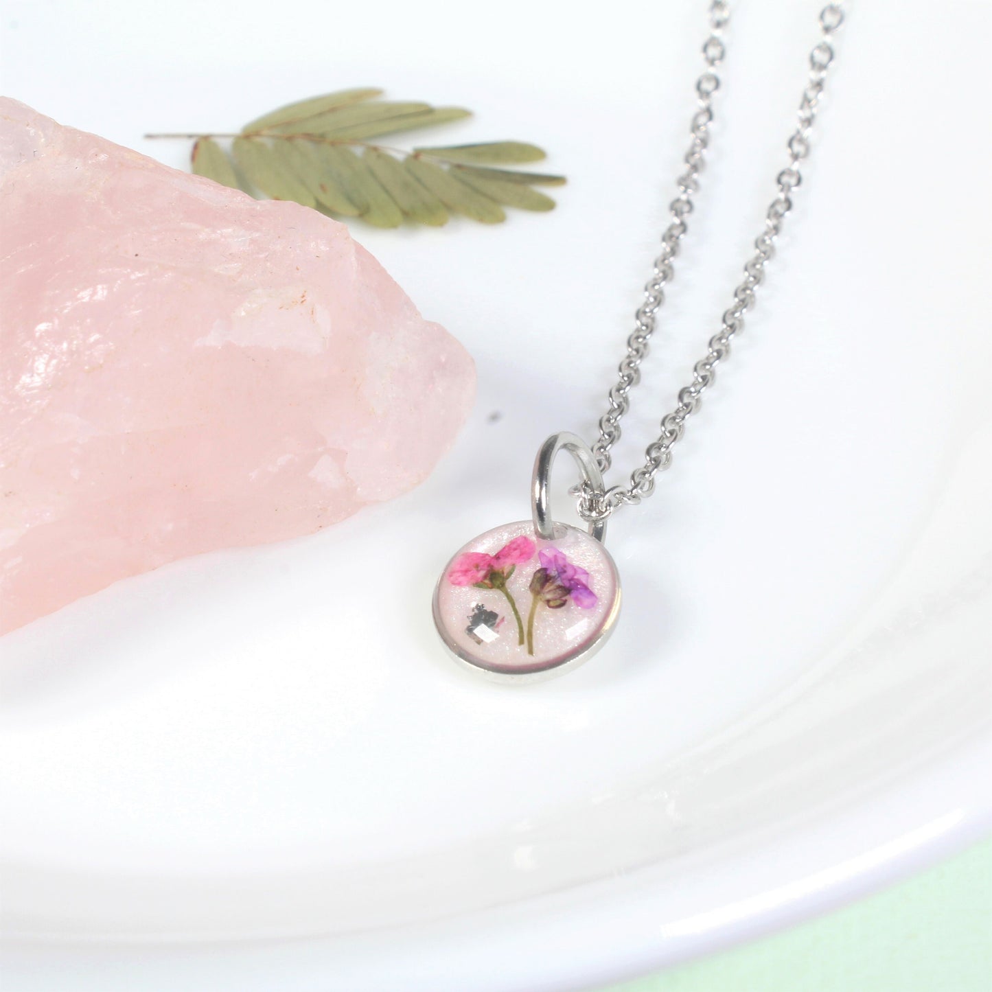 Tiny Pressed Flower Necklace, Dainty Micro Jewelry, Dried Flowers in Resin, Small, Delicate, Handmade Botanical Plant Pendant, Minimalist