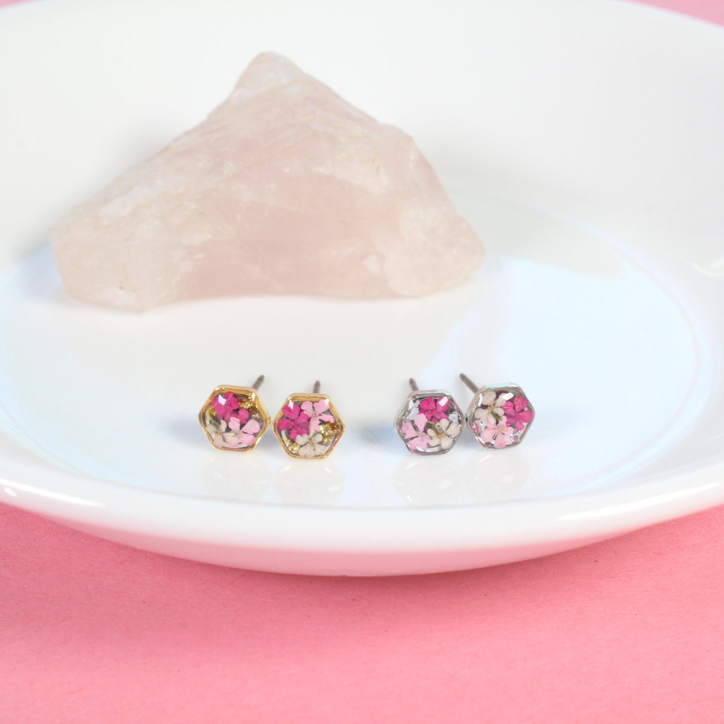 Tiny pressed flower earrings, pink resin studs, micro jewelry, handmade hexagon post earrings, hypoallergenic titanium, teeny, gold, silver