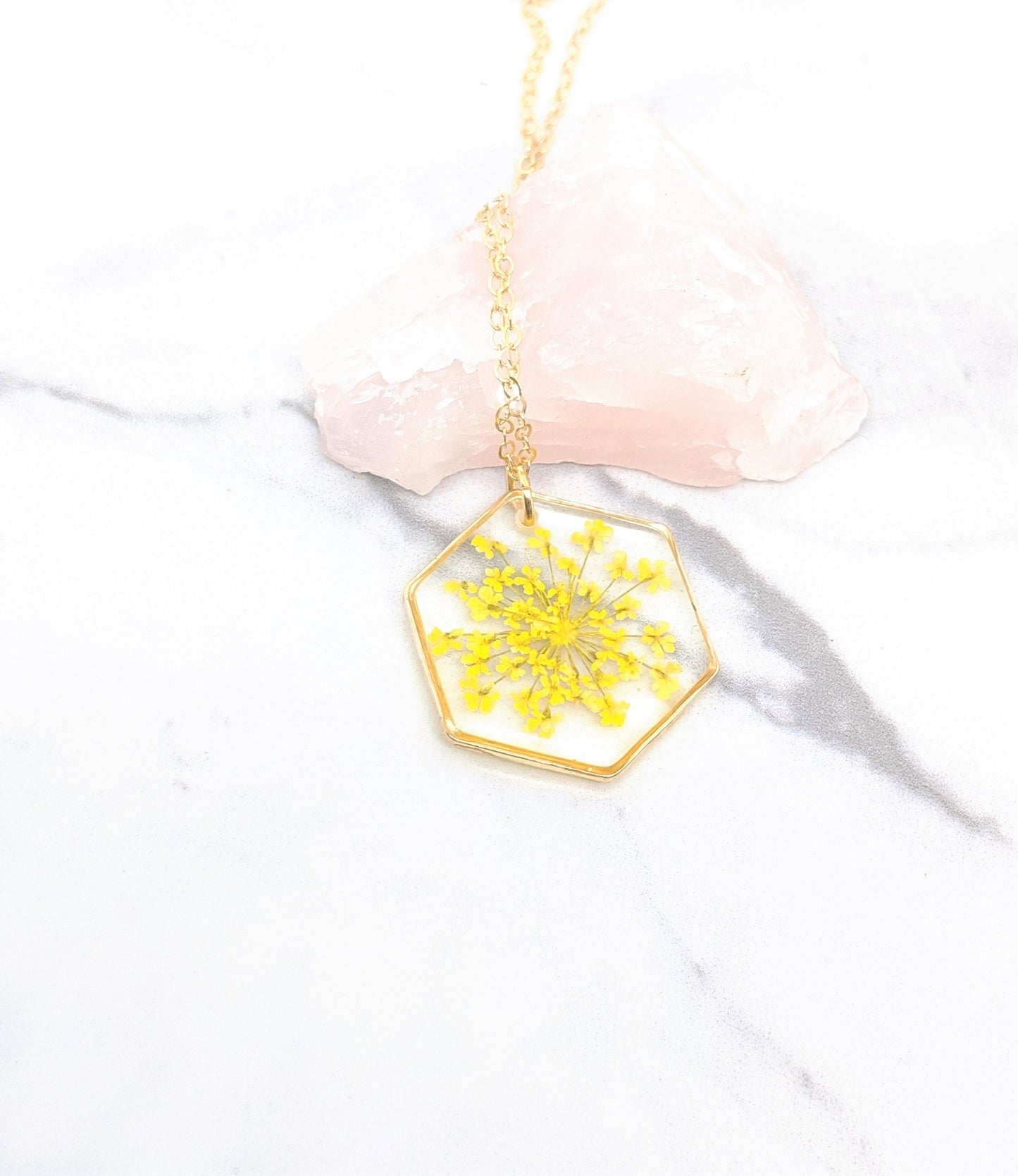 Pressed Flower Yellow Lace Sunburst Necklace, Gold Hexagon, Real Flowers in Resin, Gold Fill Option, Pressed Flower Jewelry, Dried Flowers