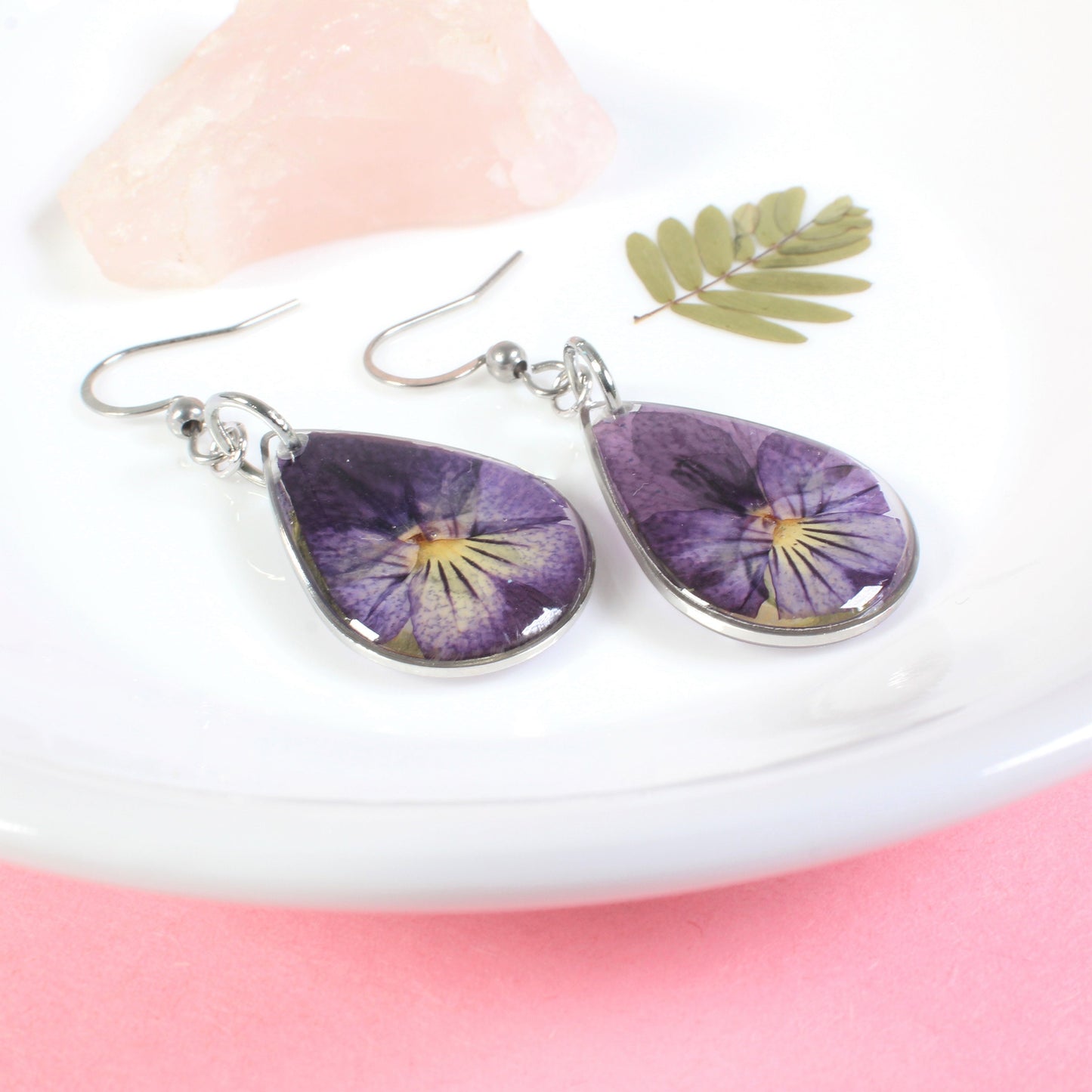 Pressed flower dangle earrings, real violet jewelry, purple pansy viola flowers, resin, February birth flower, handmade teardrop earrings