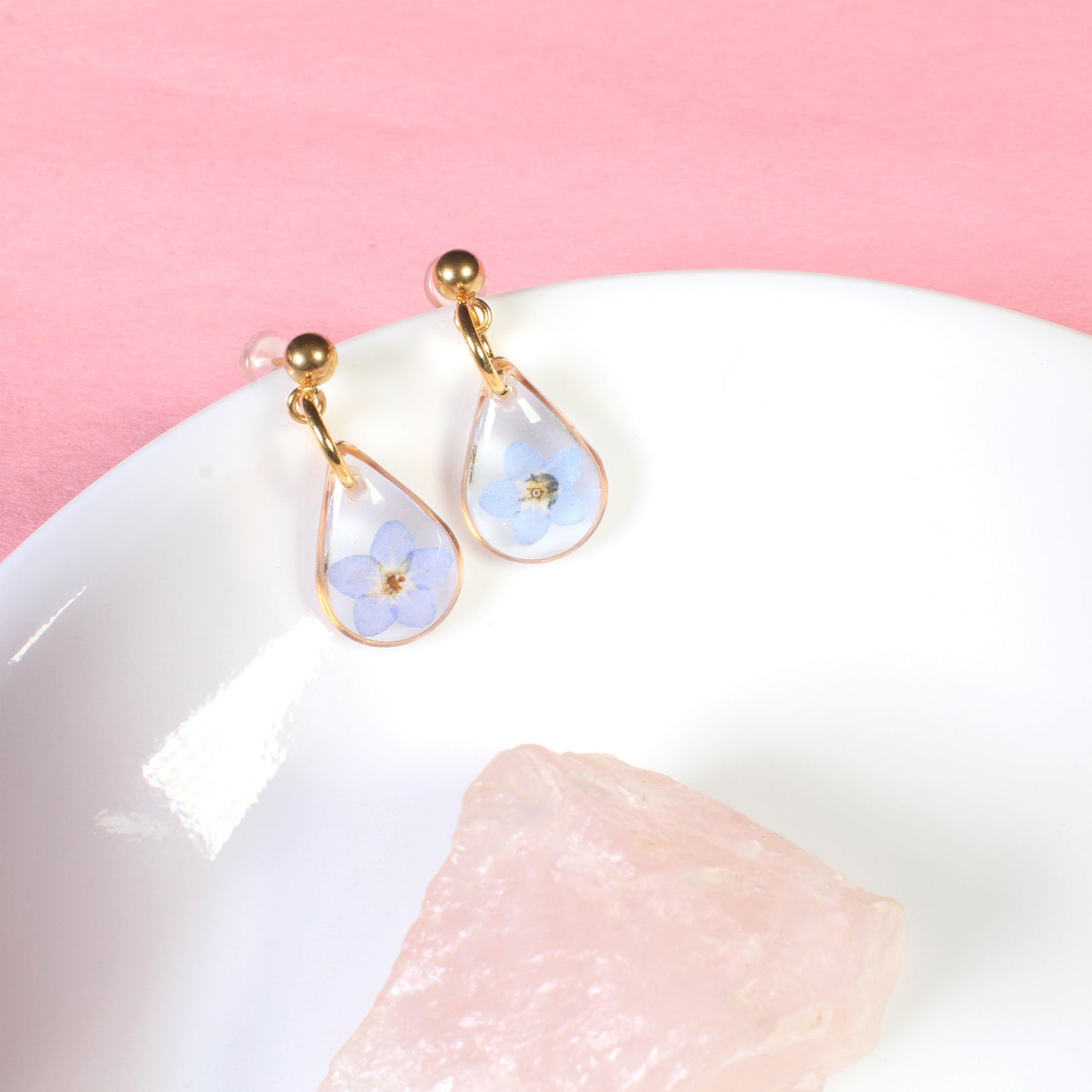 Tiny gold forget me not earrings, small teardrop dangle studs, handmade resin jewelry, pressed flowers, long distance friendship gift nature