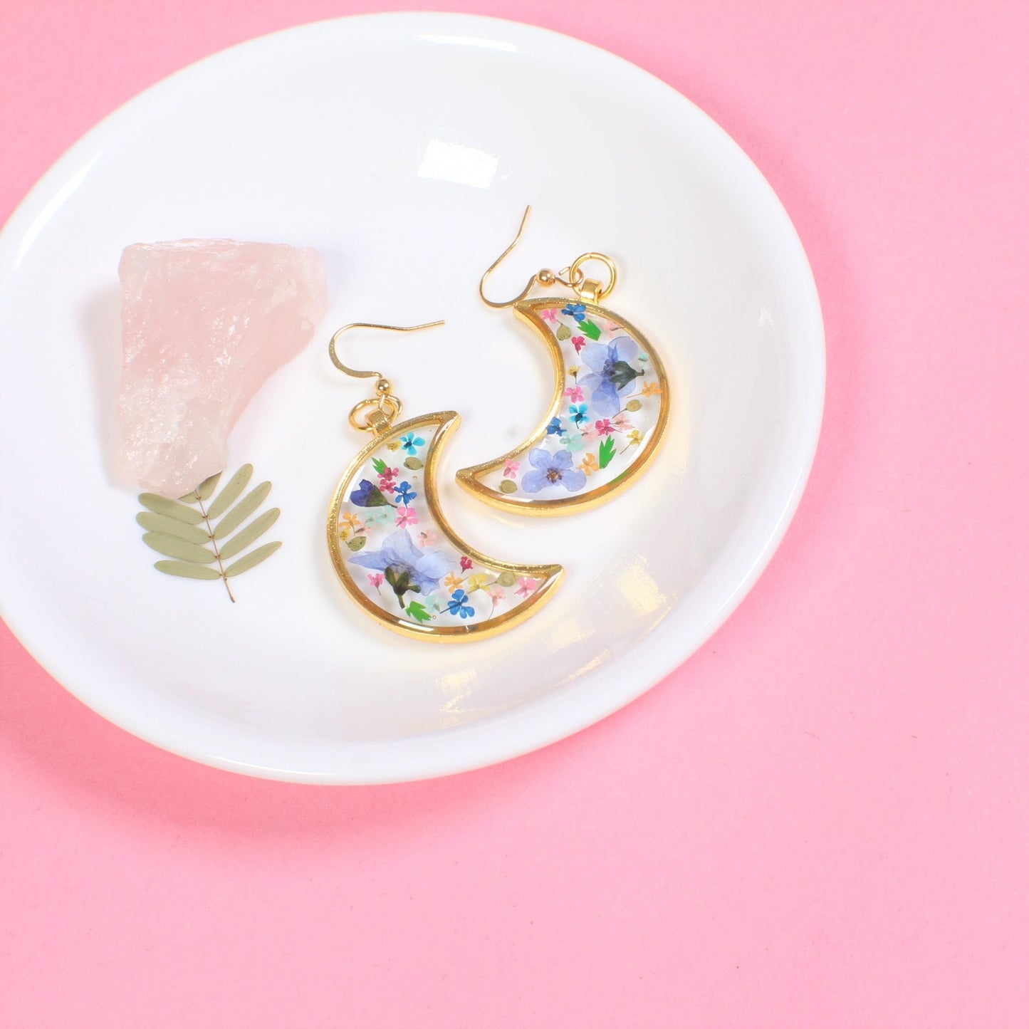 Pressed Flower Moon Earrings, Large Gold Floral Dangle, Resin, Forget me not Flowers, Colorful Dried Flower Earring, Celestial Plant Jewelry