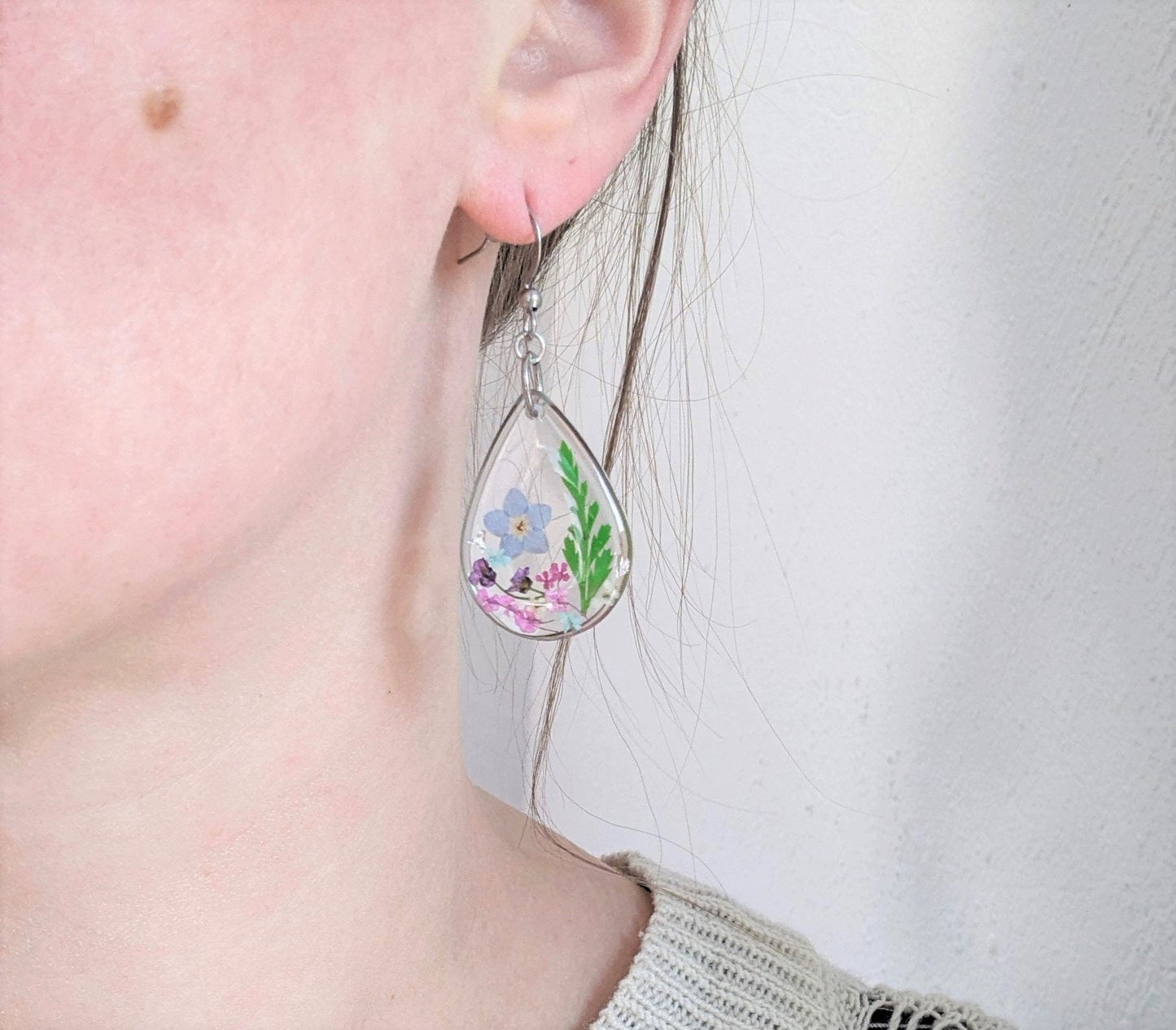 Pressed Flower Earrings, Large Teardrop Dangles, Dried Flower Jewelry, Resin Plant Earrings, Forget-me-not Earrings, Real Flower Jewelry