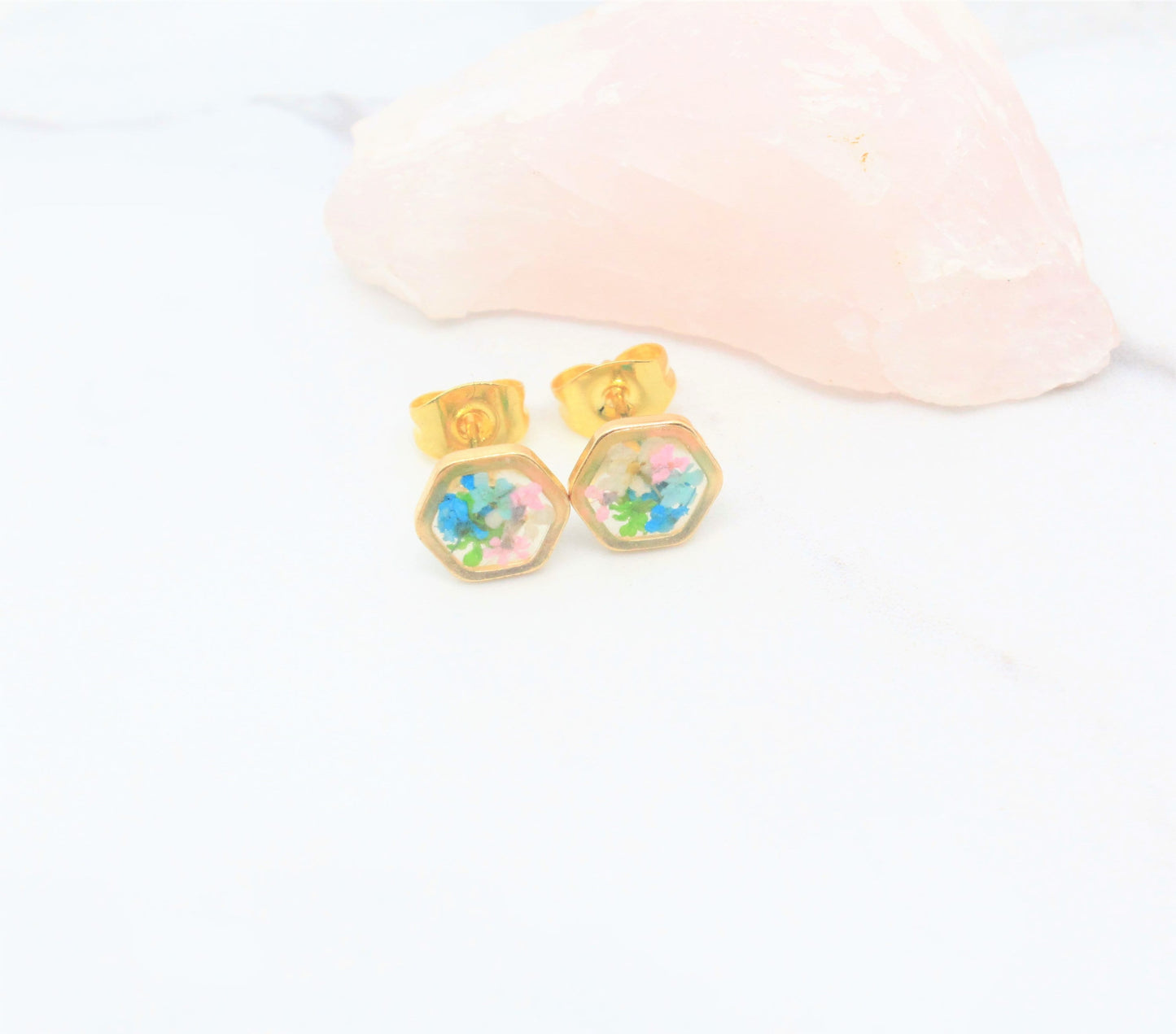 Tiny Pressed Flower Earrings, Gold Hexagon Stud, Minimalist Post, Small Green Pressed Flower Jewelry, Real Flower Jewelry,Pressed Flower