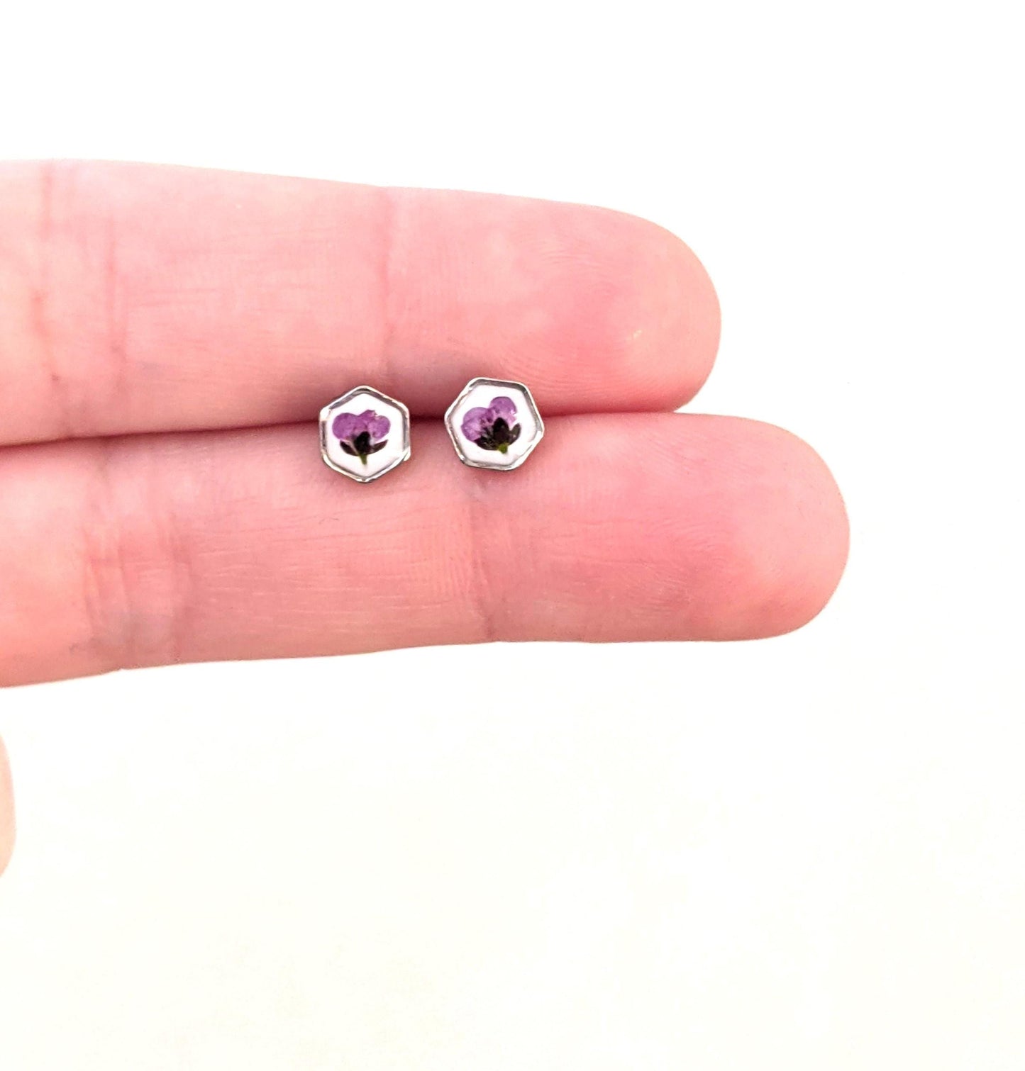 Teeny tiny gold pressed flower earrings, hexagon titanium studs, botanical plant jewelry, nature lover gift, dry flower resin posts, purple