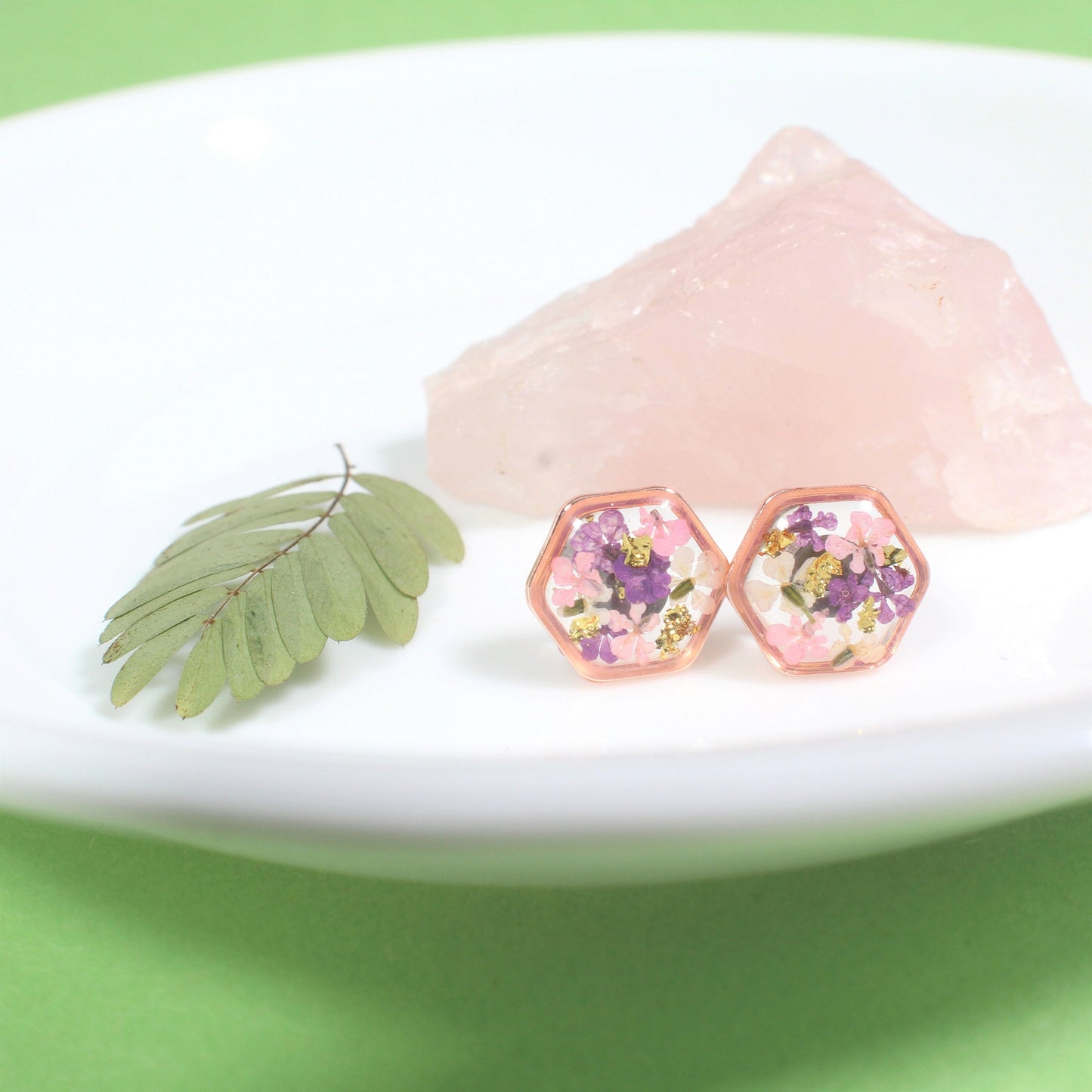 Hexagon Pressed Flower Resin Stud Earrings with Gold Leaf