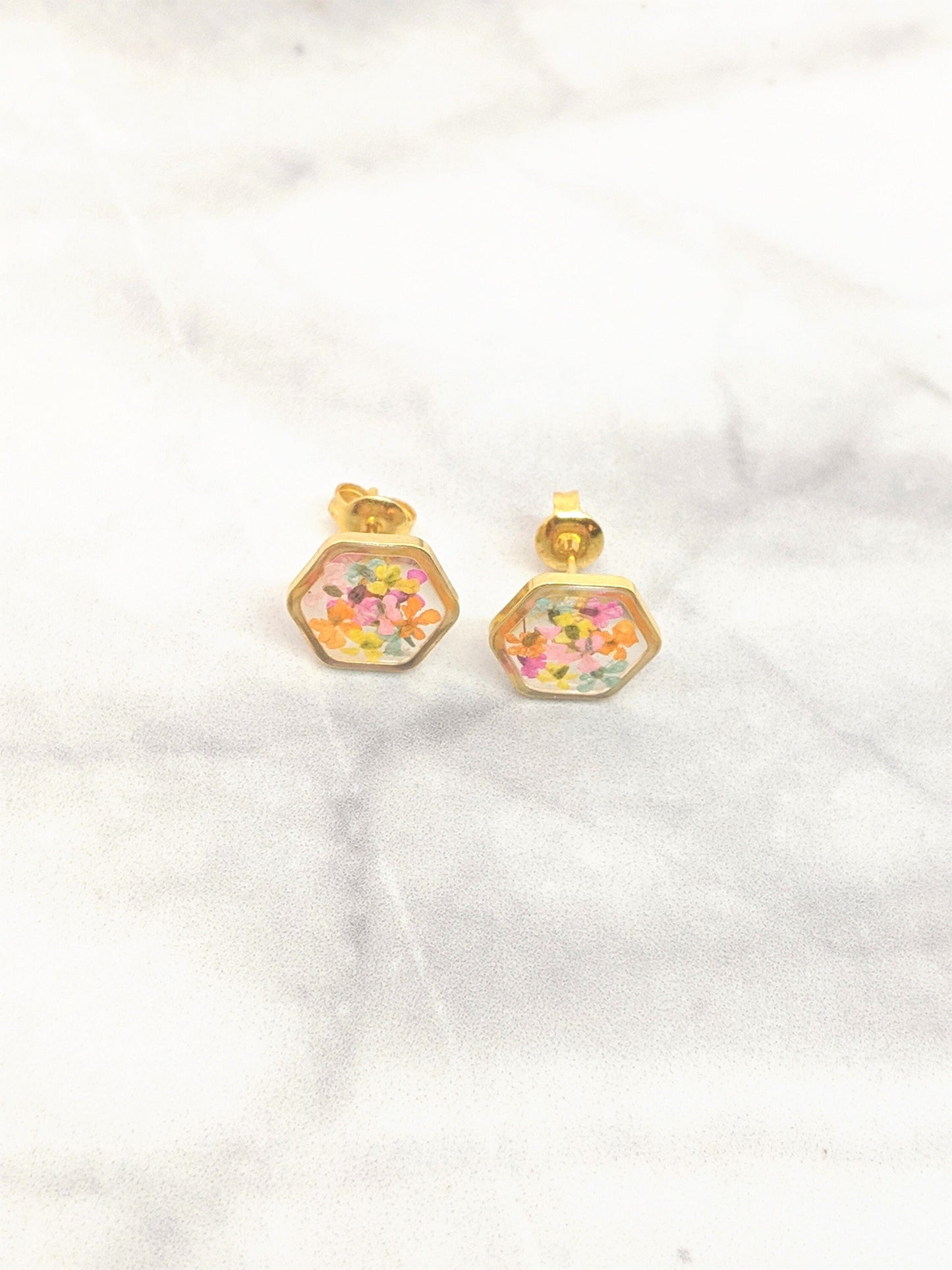 Real Pressed Flower 24K Gold Plated Hexagon Stud Earrings, Pastel Cotton Candy Colors, Dry Flower Jewelry, Titanium posts, Botanical