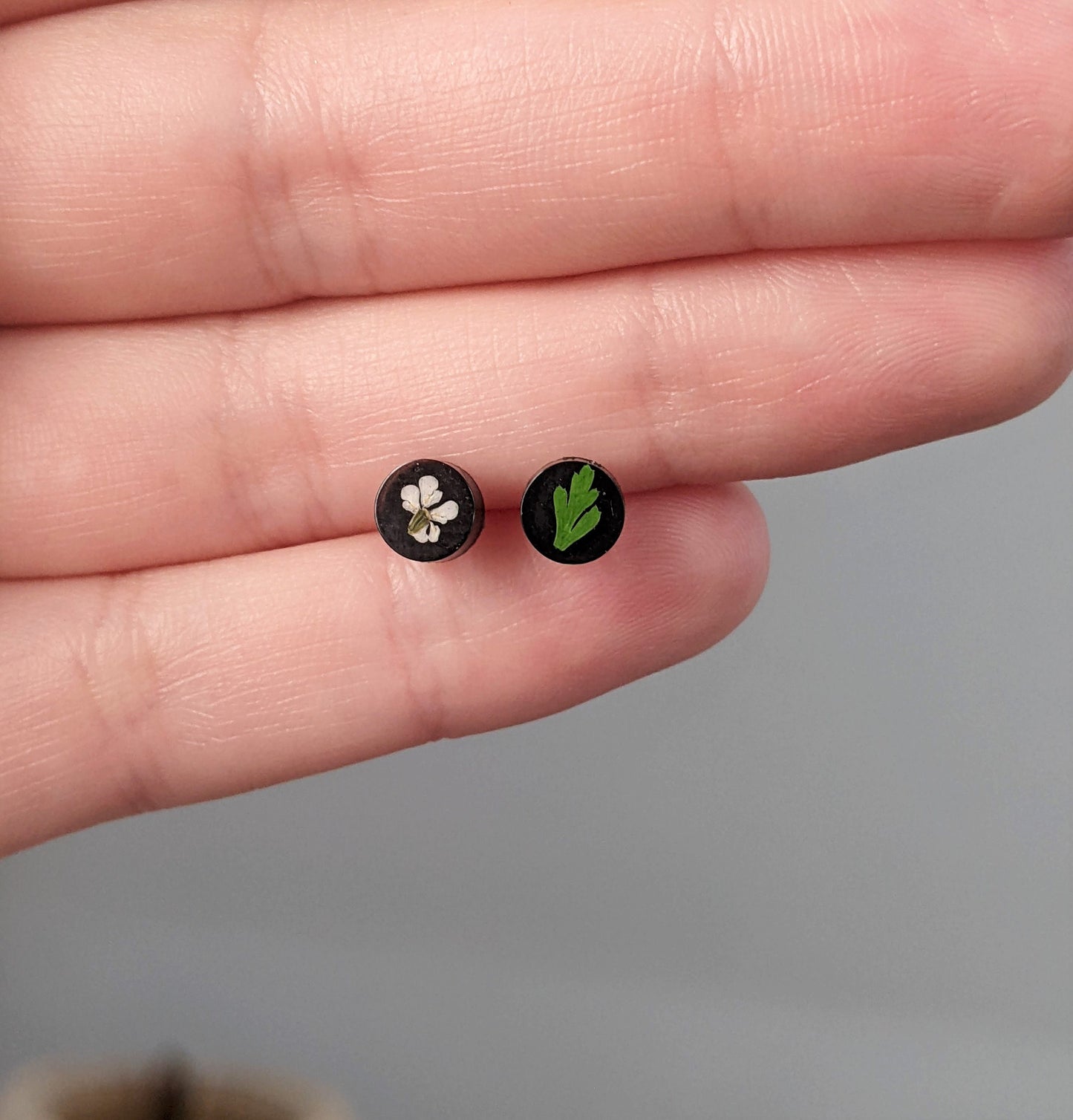 Teeny tiny studs, leaf earrings, white flower post earrings, black, nature jewelry, handmade resin earrings, fern earrings, small, little