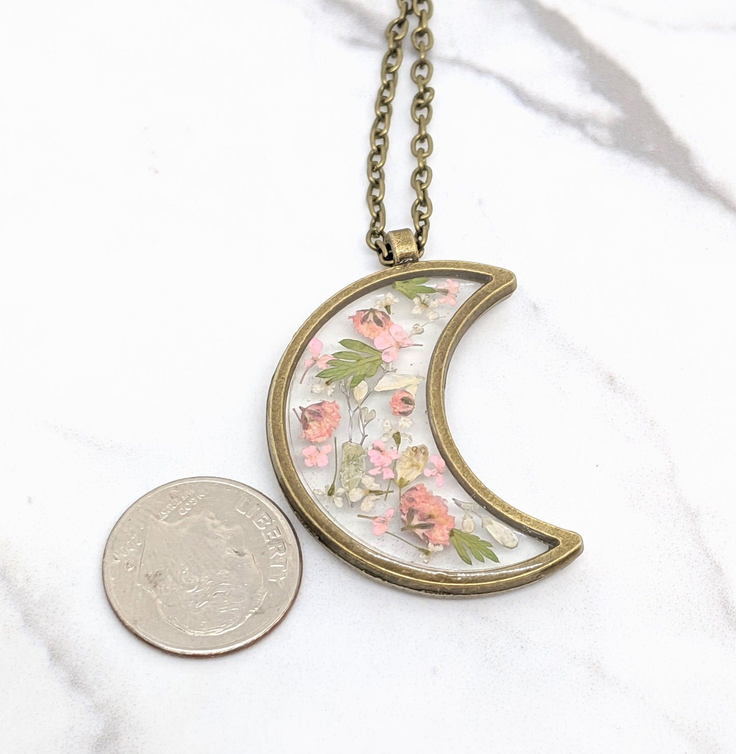 Real Pressed Flower Moon Necklace, Blush Pink Leaf, Bronze Resin Plant Pendant Dried Flower Jewelry, Handmade Moon Necklace, Celestial Lunar
