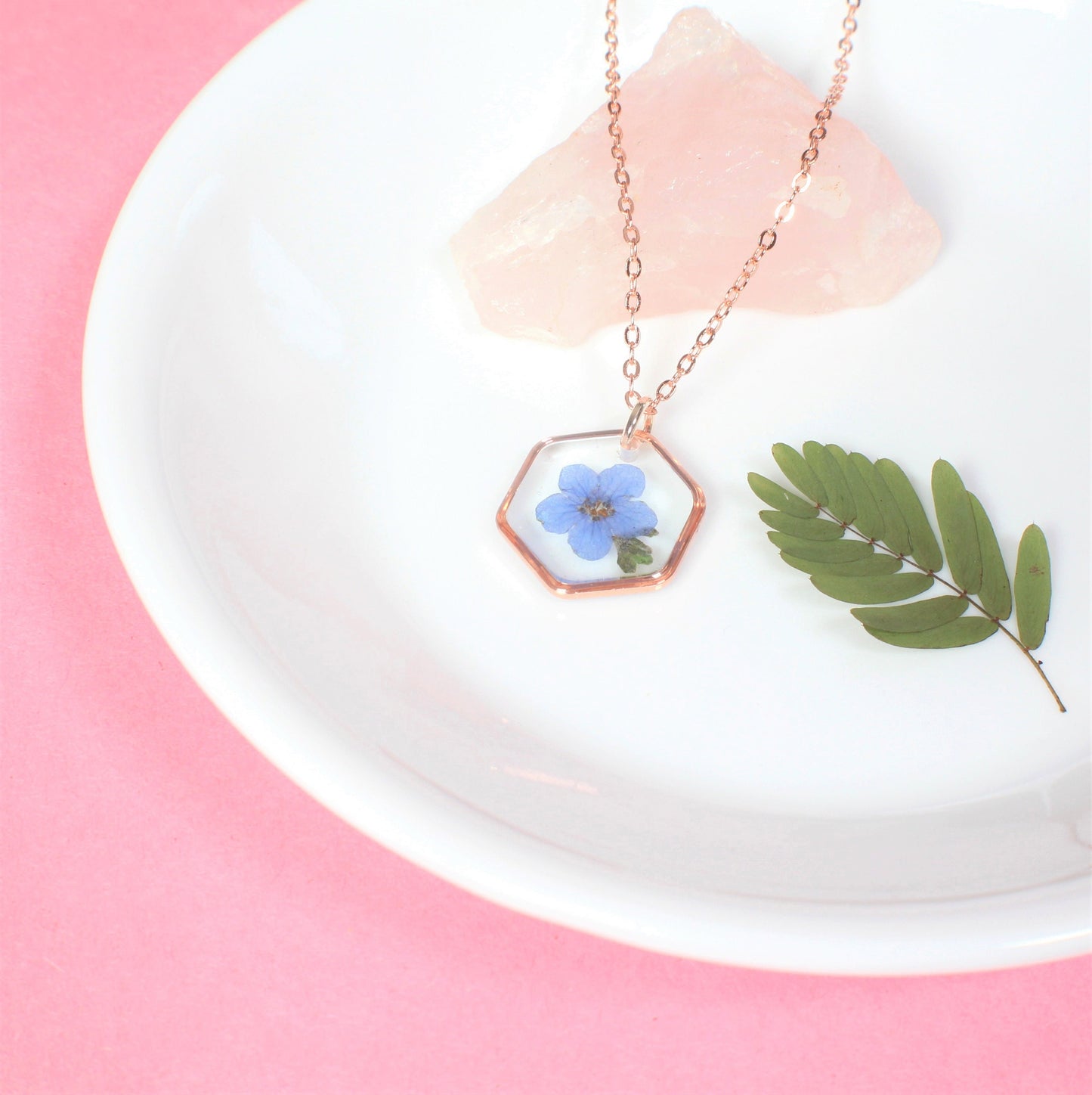 Forget me not Necklace, Pressed Flower Jewelry, Real Dried Flowers, Resin, Small Hexagon Forget-Me-Not, Handmade Gift for Loss
