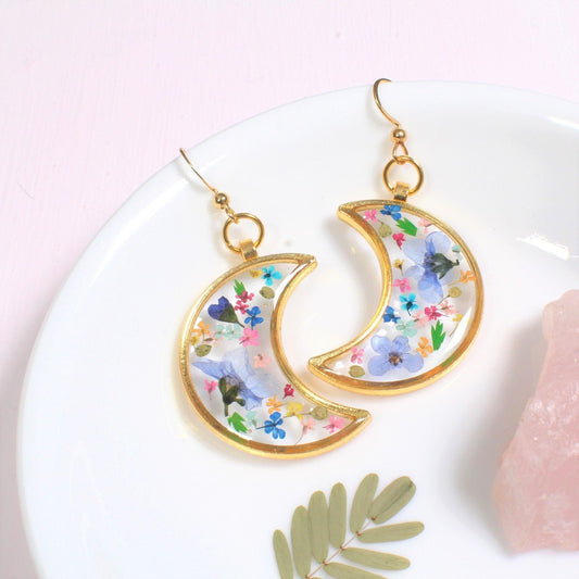 Pressed Flower Moon Earrings, Large Gold Floral Dangle, Resin, Forget me not Flowers, Colorful Dried Flower Earring, Celestial Plant Jewelry
