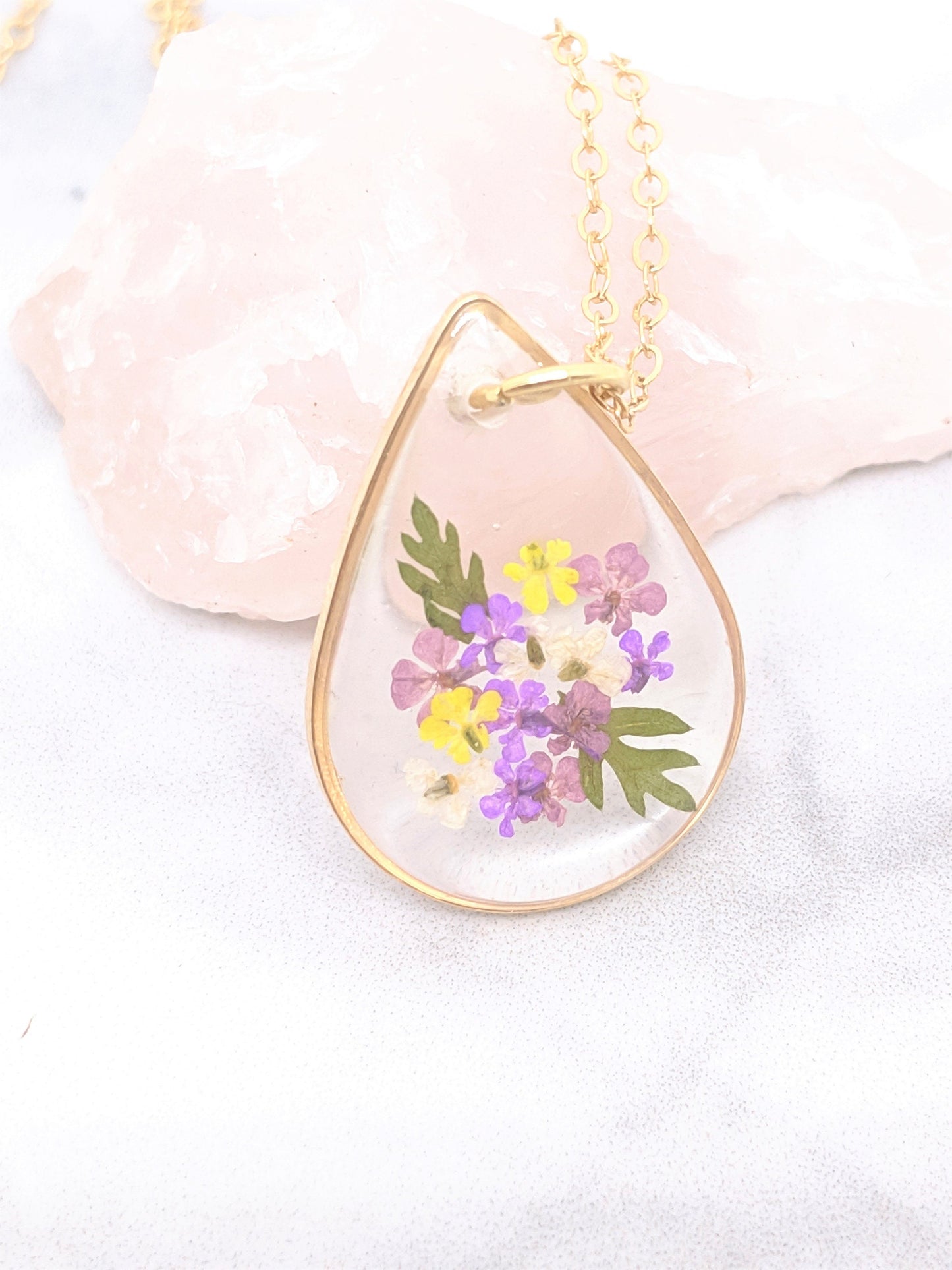 Small Purple Pressed Flower Bouquet Teardrop Pendant Necklace