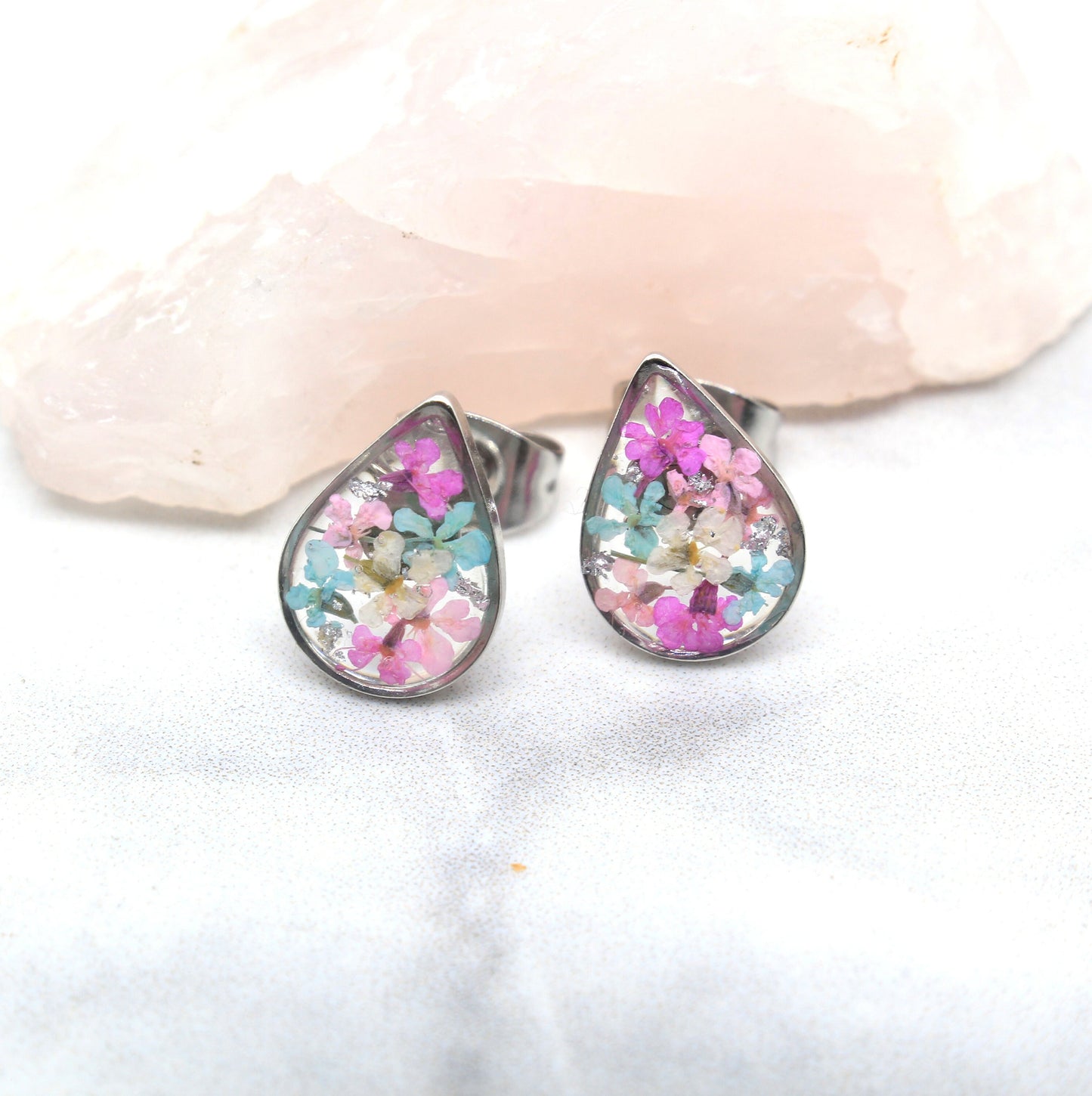 Real Pressed Flowers Silver Teardrop Post Earrings in Pastel Pink Blush and Baby Blue, with Silver Flecks