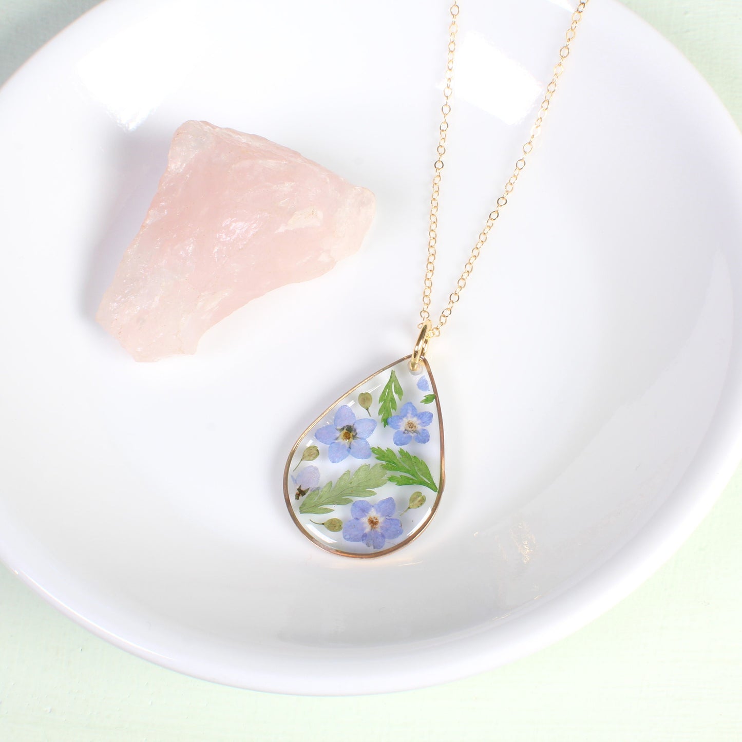 Pressed forget me not flowers and fern leaves resin handmade teardrop necklace