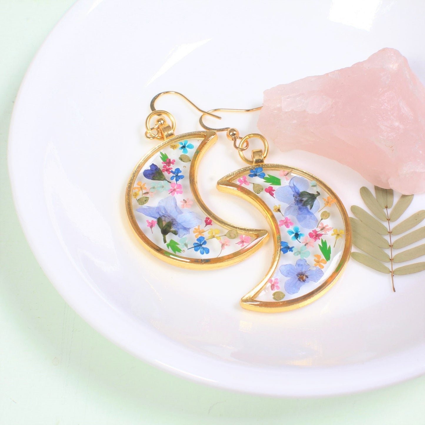 Pressed Flower Moon Earrings, Large Gold Floral Dangle, Resin, Forget me not Flowers, Colorful Dried Flower Earring, Celestial Plant Jewelry