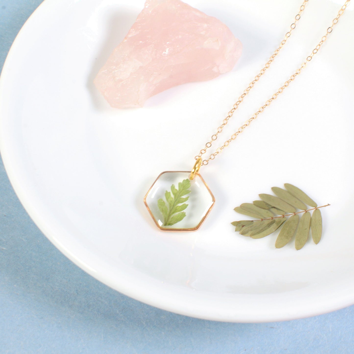 Real Fern Leaf Necklace, Small Hexagon Resin Jewelry, Pressed Flower Necklace, Handmade Fall Jewelry, Plant Lover Gift Dainty Nature Pendant