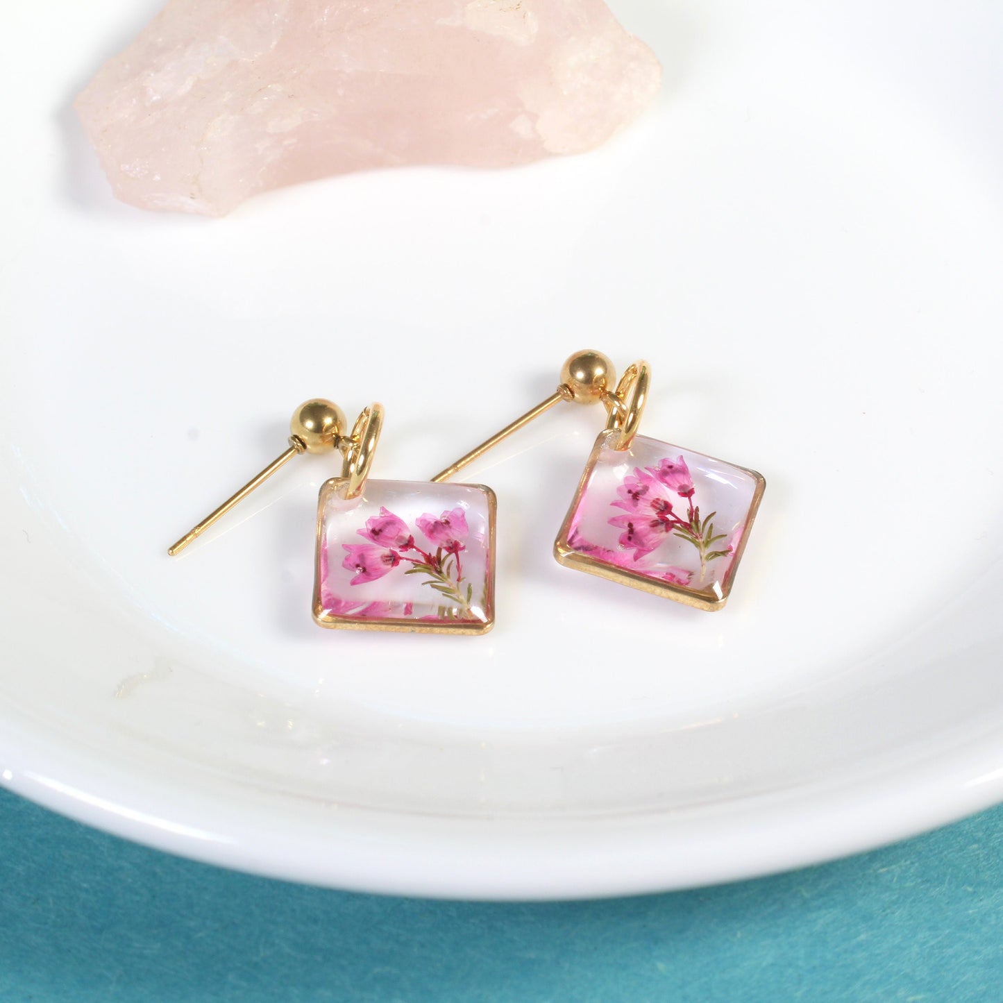 Dainty pink heather pressed flower earrings, small square dangles in silver or gold, handmade resin botanical jewelry, wildflower ball studs