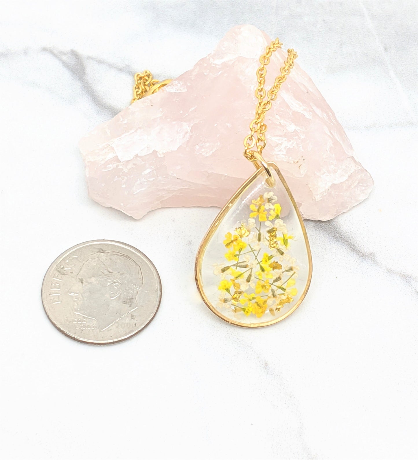 Real Pressed Flower Necklace - Yellow, White, Gold Leaf, Mustard Teardrop Pendant - Pressed Flower Jewelry - Gold Fill Available
