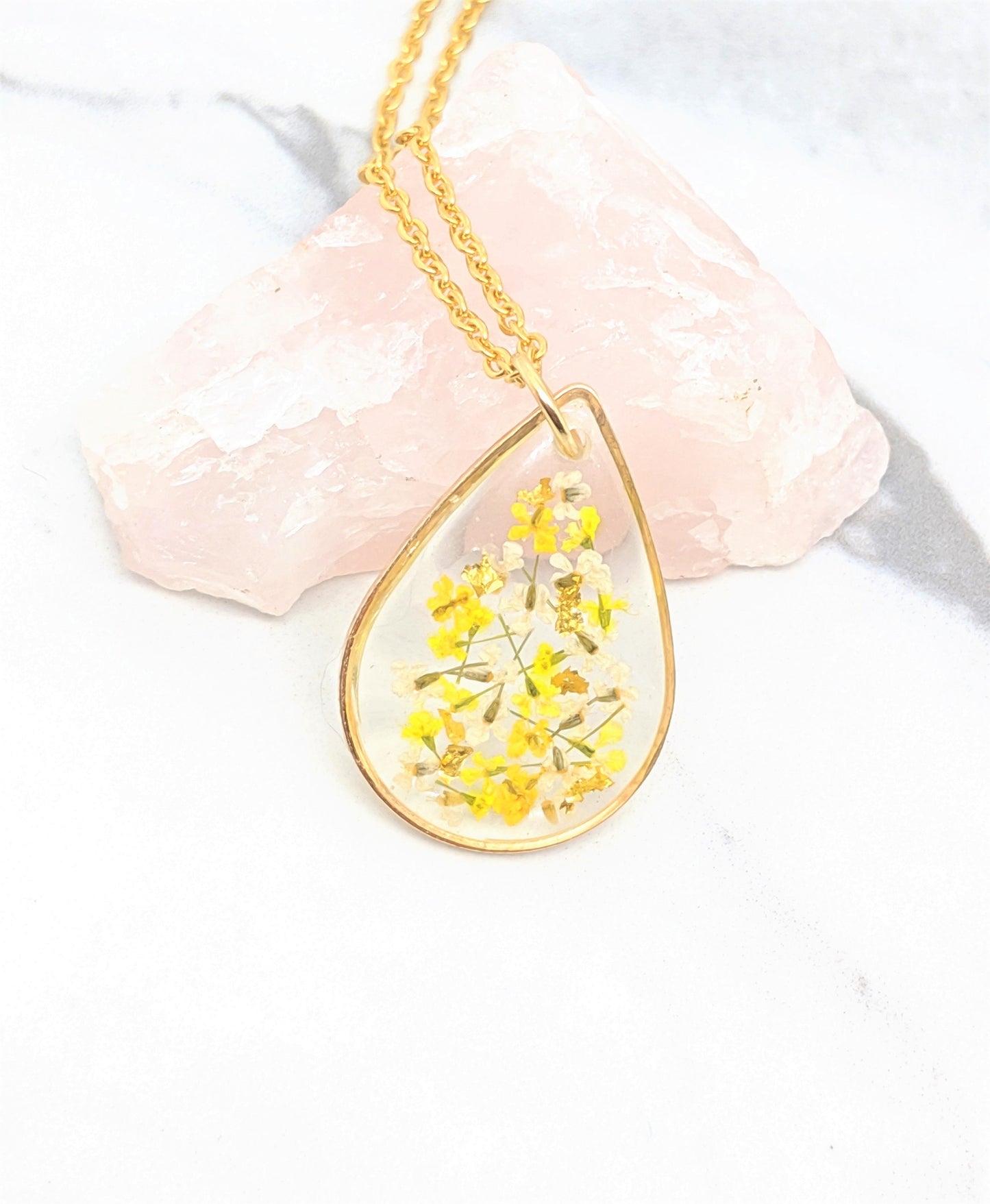 Real Pressed Flower Necklace - Yellow, White, Gold Leaf, Mustard Teardrop Pendant - Pressed Flower Jewelry - Gold Fill Available