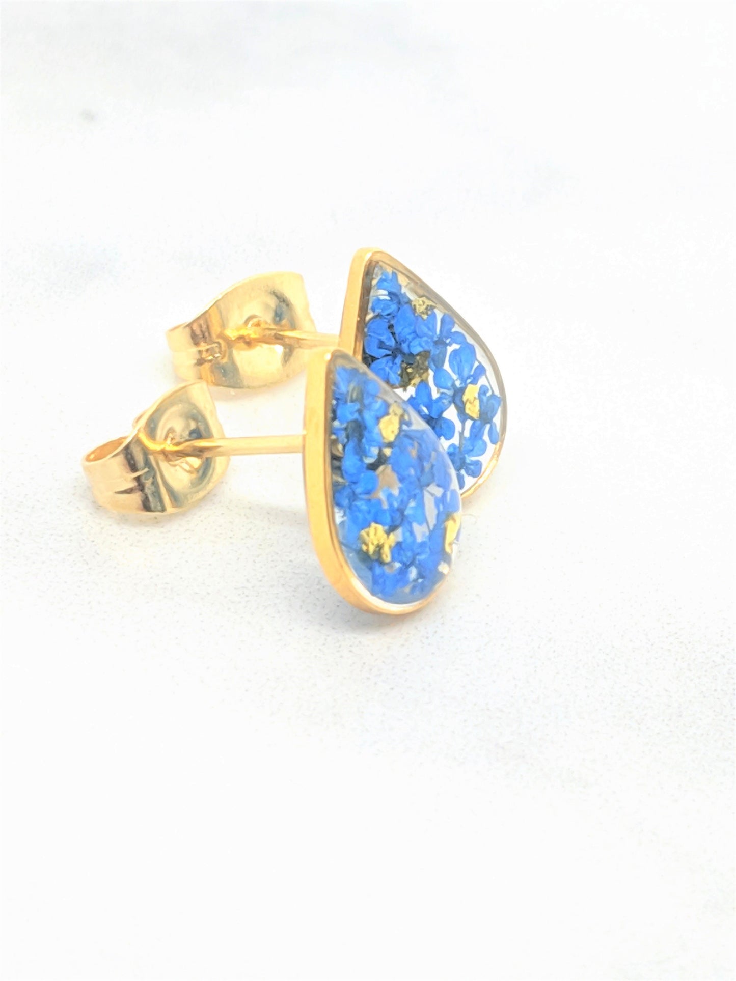 Pressed Flower Earrings, Navy Blue Gold Teardrop Studs, Dark Blue Posts, Pressed Flower Jewelry, Real Dried Flower Earrings, Pressed Flowers