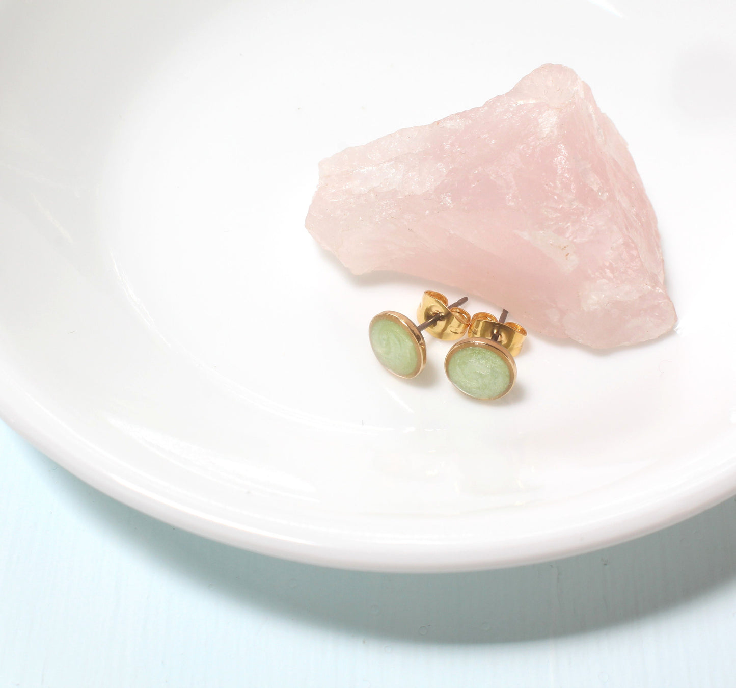 Small Modern Minimalist Mint Studs | Resin Post Earrings | Hypoallergenic Titanium | Geometric | Gold Circles, Mint Green | Layering Accent
