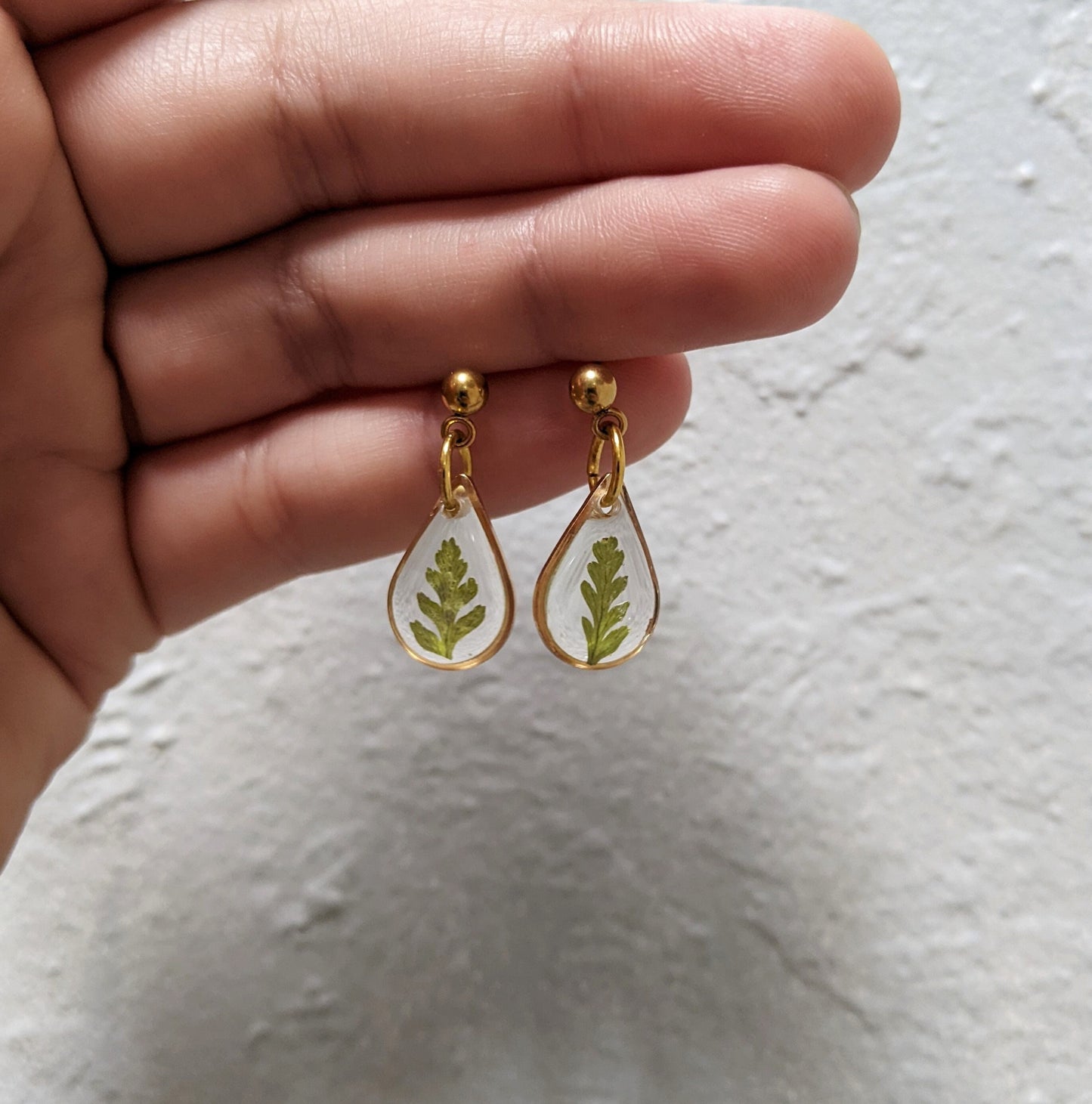 Tiny fern dangle earrings, small teardrop leaf studs, nature lover gift, resin real plant jewelry, pressed flower earrings, dainty, handmade