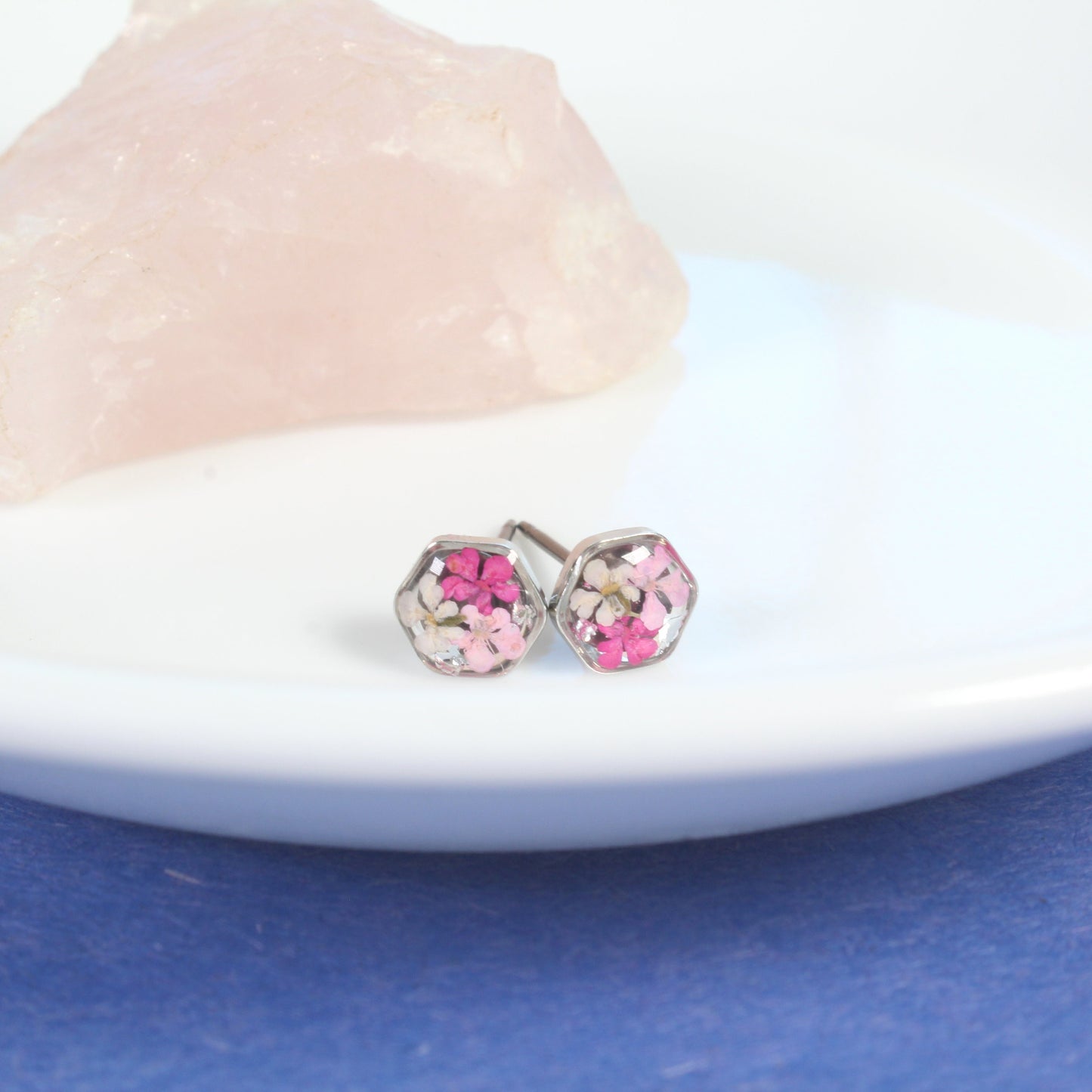 Tiny pressed flower earrings, pink resin studs, micro jewelry, handmade hexagon post earrings, hypoallergenic titanium, teeny, gold, silver