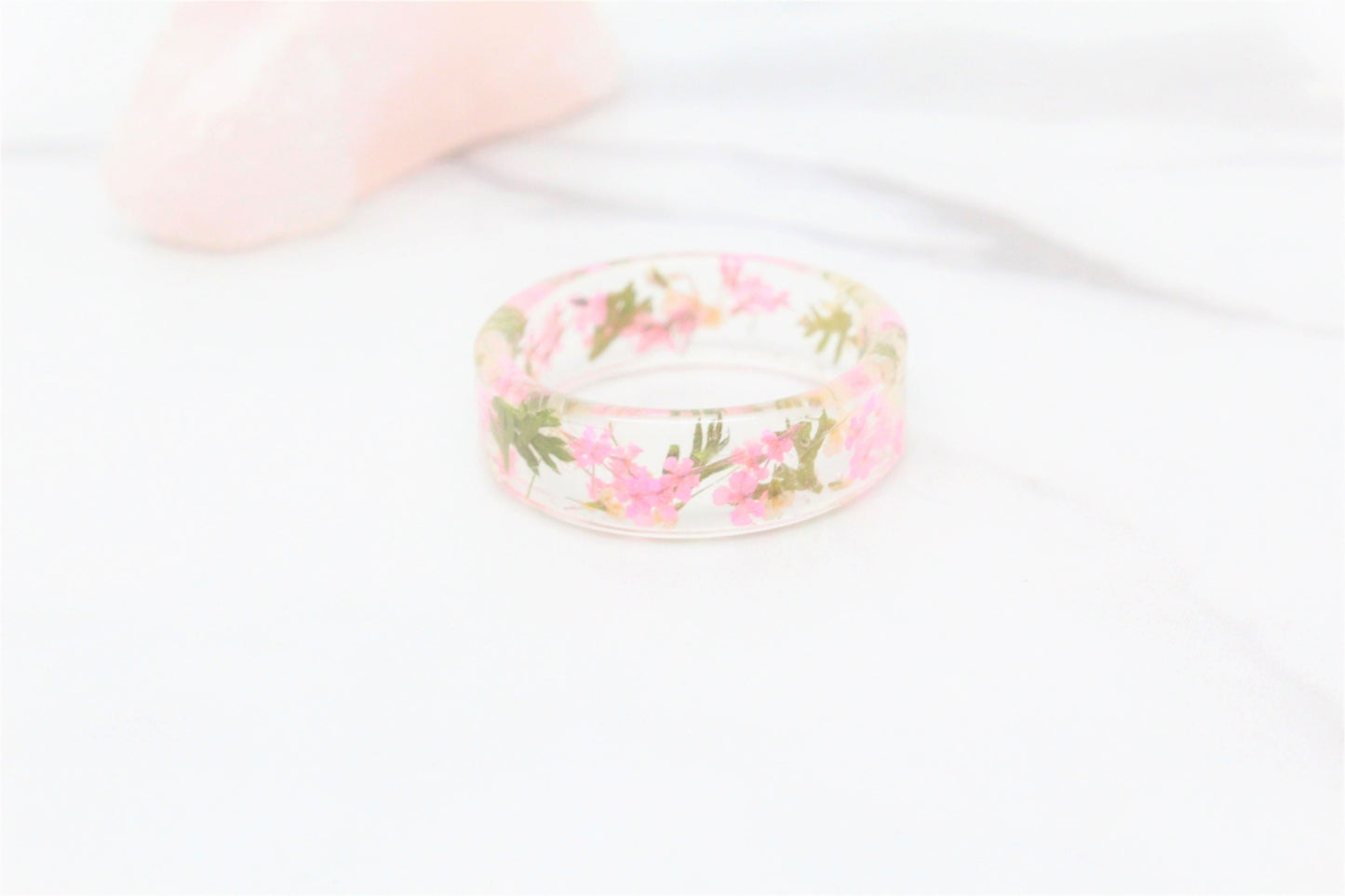 Real Pressed Flower Ring,  Blush, White, and Leaves Clear Resin Band, Pressed Flower Jewelry, Dry Flower Ring, Real Flower Ring, Pink Ring