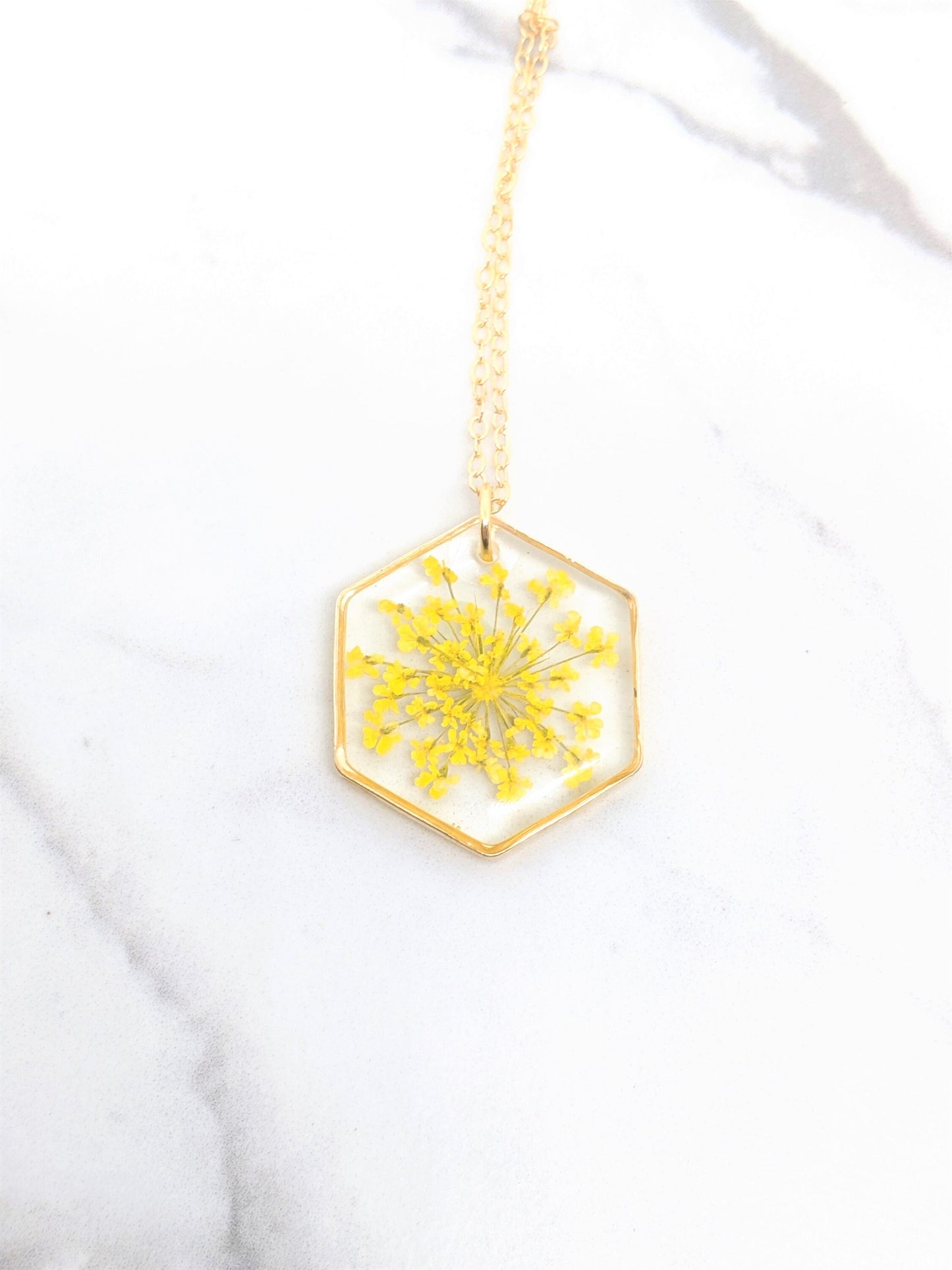 Pressed Flower Yellow Lace Sunburst Necklace, Gold Hexagon, Real Flowers in Resin, Gold Fill Option, Pressed Flower Jewelry, Dried Flowers